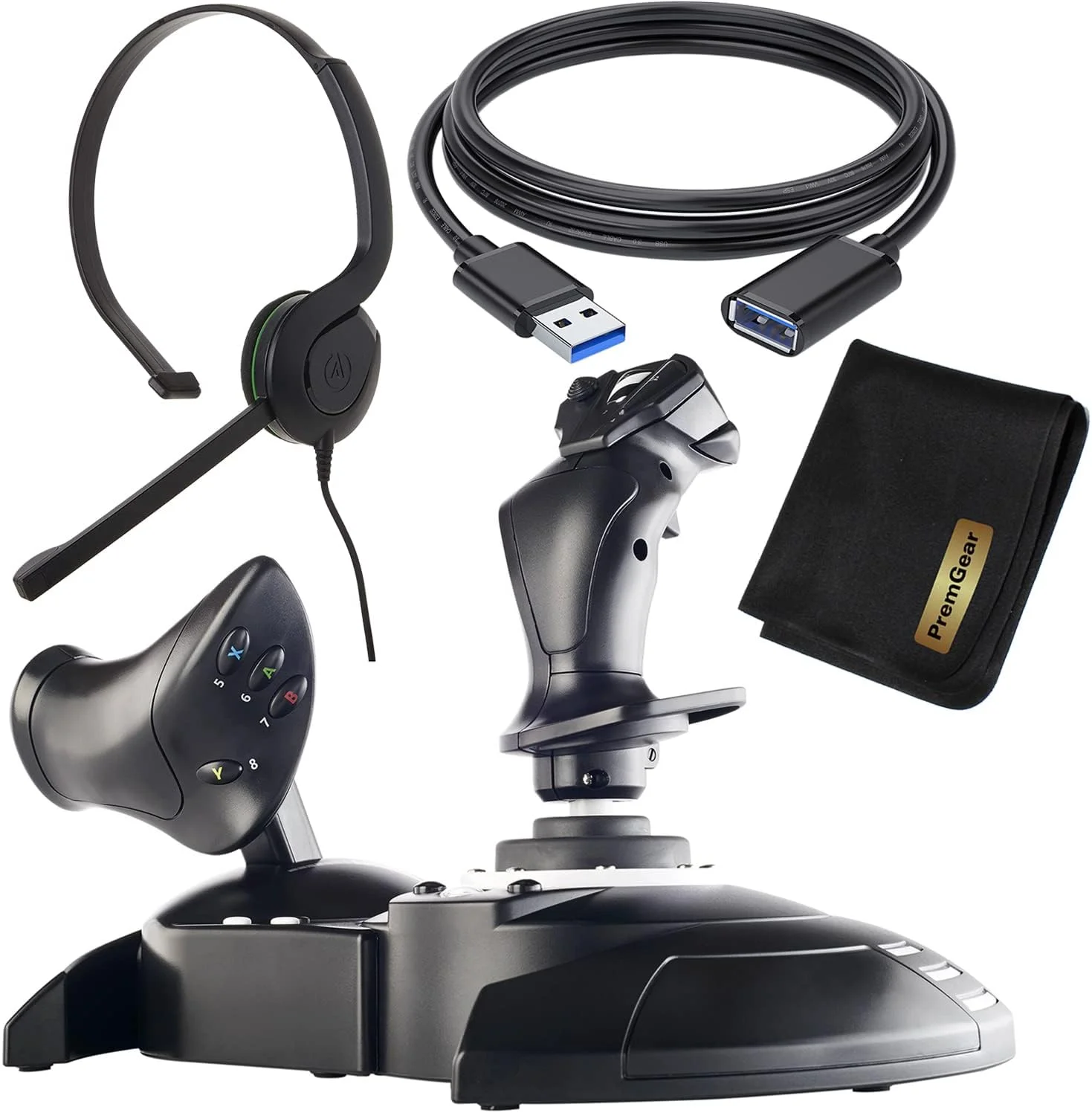 ست کنترل شبیه ساز پرواز Thrustmaster T-Flight Hotas One برای XBOX Series X/S و XOne و Windows به همراه هدست PowerA Chat، کابل افزایش طول USB 3.0 و پارچه تمیز کننده PremGear برای Thrustmaster