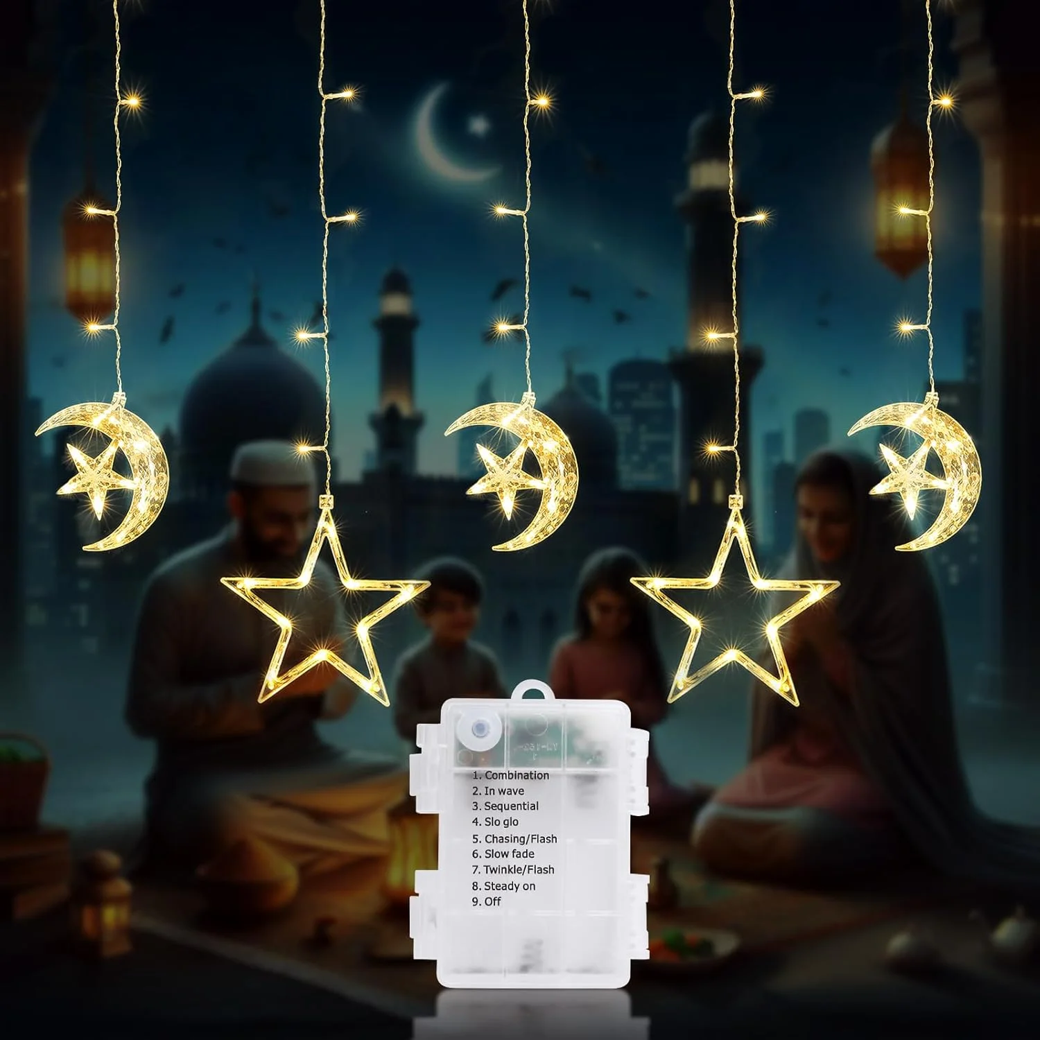 چراغ های تزئینی پنجره ای رمضان Quntis، بسته 5 عددی 69 LED چراغ ماه ستاره ای، چراغ های آویز ماه ستاره ای با باتری با 8 حالت مناسب برای دکوراسیون منزل داخلی/خارجی سفید گرم