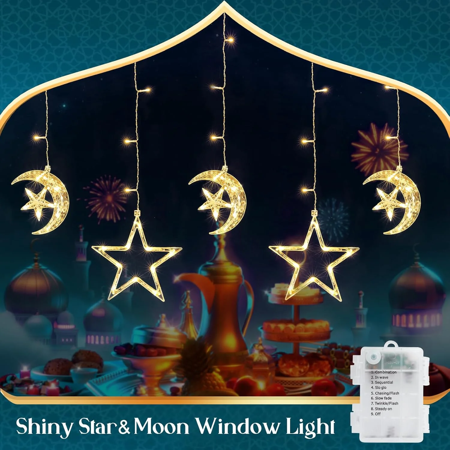 چراغ های تزئینی پنجره ای رمضان Quntis، بسته 5 عددی 69 LED چراغ ماه ستاره ای، چراغ های آویز ماه ستاره ای با باتری با 8 حالت مناسب برای دکوراسیون منزل داخلی/خارجی سفید گرم