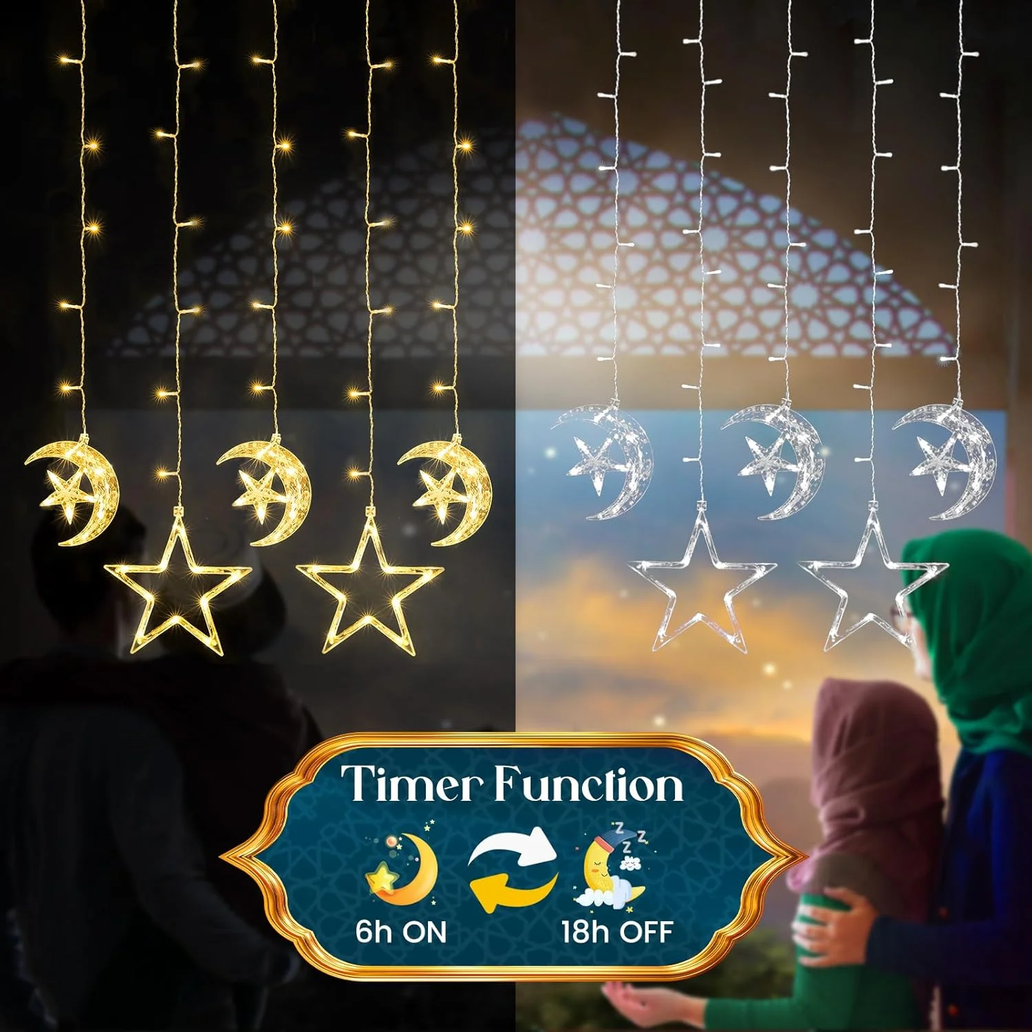 چراغ های تزئینی پنجره ای رمضان Quntis، بسته 5 عددی 69 LED چراغ ماه ستاره ای، چراغ های آویز ماه ستاره ای با باتری با 8 حالت مناسب برای دکوراسیون منزل داخلی/خارجی سفید گرم