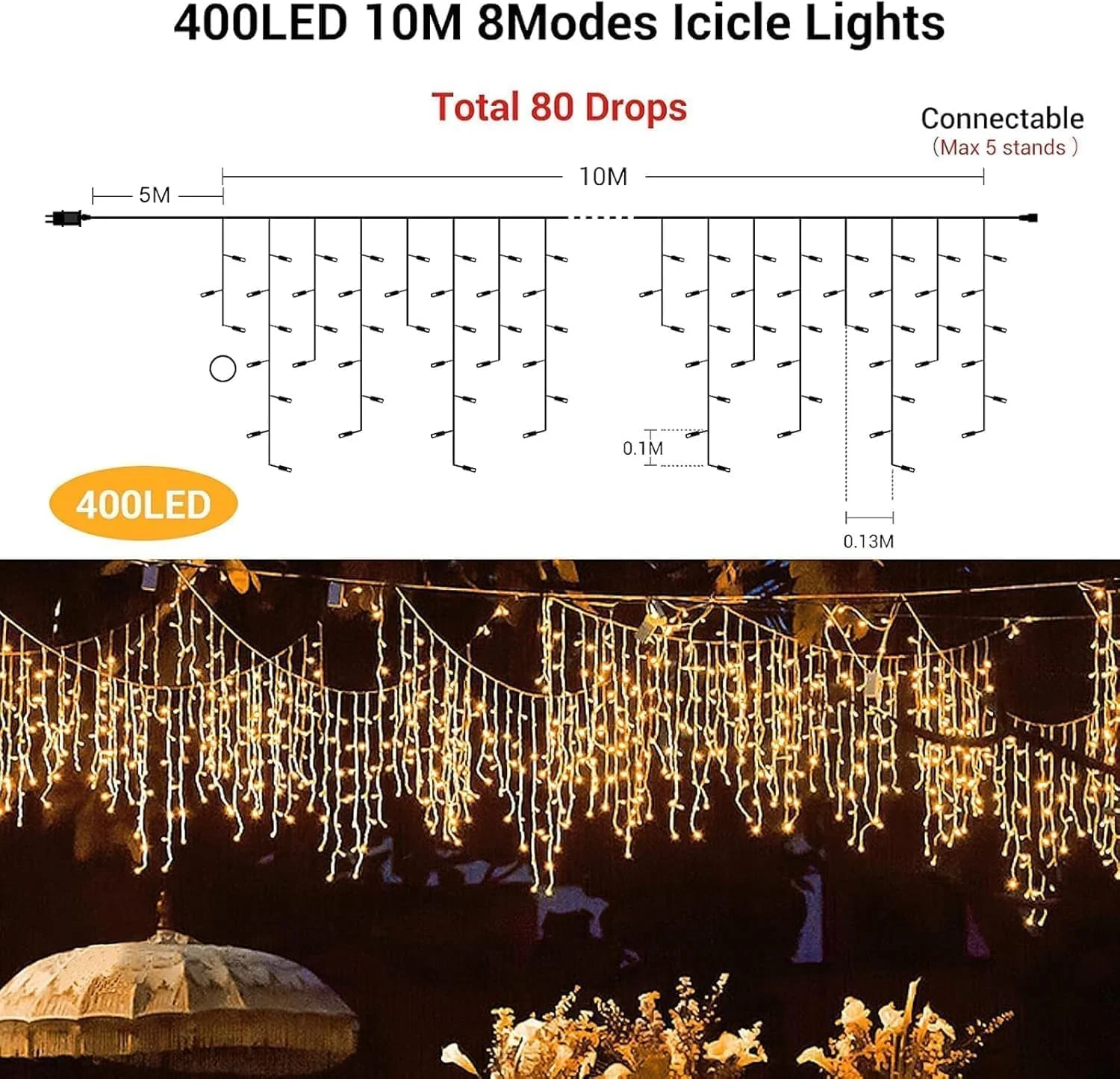 چراغ های یخی کریسمس Quntis برای فضای باز، 10 متر / 32 فوت 400 LED چراغ های پری یخی با تایمر و 8 حالت، 80 آویز چراغ های کریسمس فضای باز با منبع تغذیه اصلی برای سقف بالکن لبه دیوار پنجره ها - سفید گرم چراغ های یخی کریسمس Quntis برای فضای باز، 10 متر / 32 فوت 400 LED چراغ های پری یخی با تایمر و 8 حالت، 80 آویز چراغ های کریسمس فضای باز با منبع تغذیه اصلی برای سقف بالکن لبه دیوار پنجره ها - سفید گرم