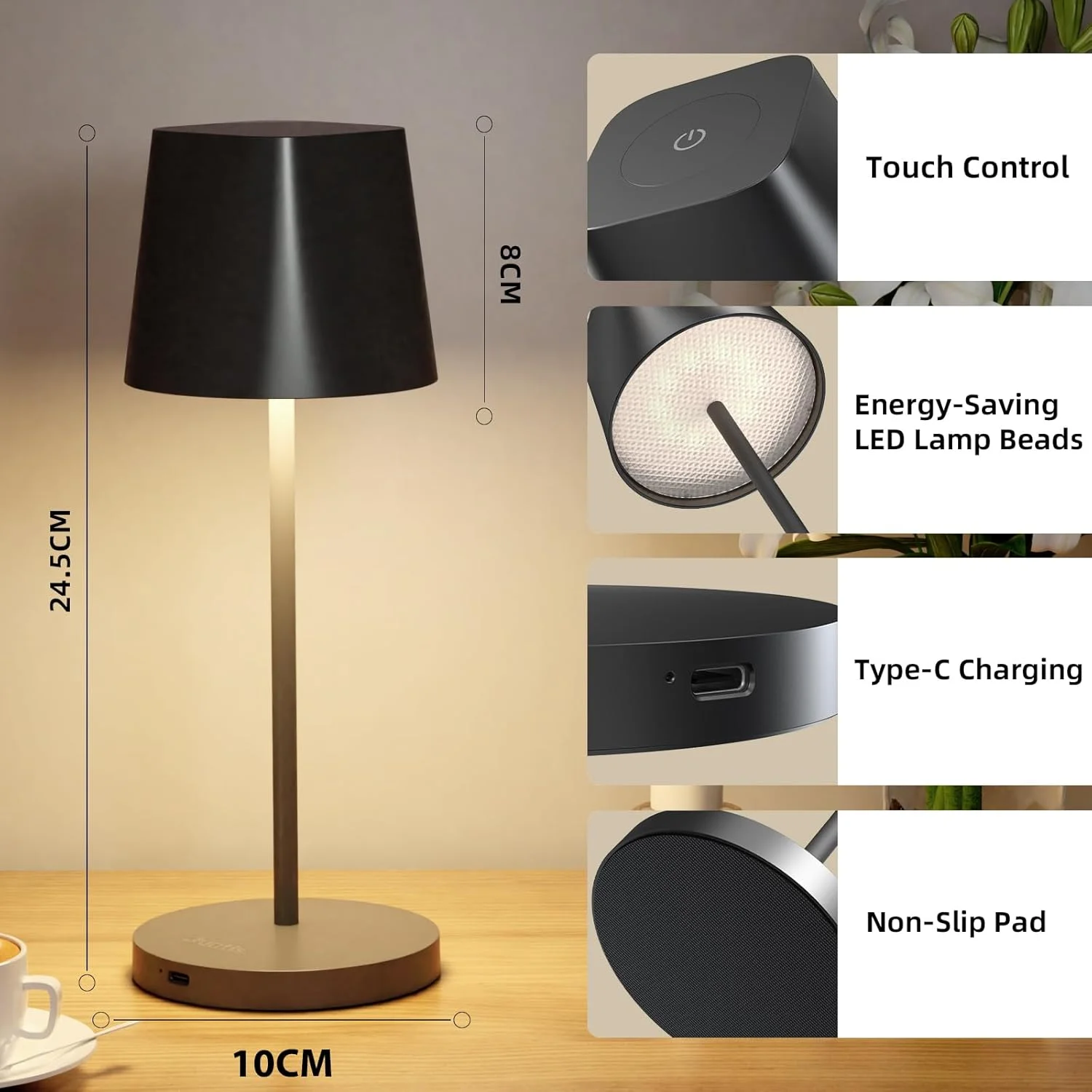 چراغ رومیزی LED بی سیم، لمسی و دیمر شونده، قابل شارژ USB، دمای رنگ دوگانه 3000K-4000K، ضد آب IP44 مناسب فضای باز برای میز غذاخوری و کمپینگ چراغ رومیزی LED بی سیم، لمسی و دیمر شونده، قابل شارژ USB، دمای رنگ دوگانه 3000K-4000K، ضد آب IP44 مناسب فضای باز برای میز غذاخوری و کمپینگ