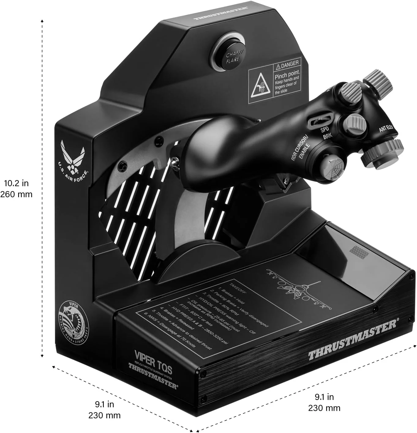 سیستم دریچه گاز فلزی Thrustmaster Viper TQS برای کامپیوتر، دقت اثر هال، 21 دکمه اکشن، 5 محور، عملکردهای نمادین Chaff/Flare، دارای مجوز از نیروی هوایی ایالات متحده