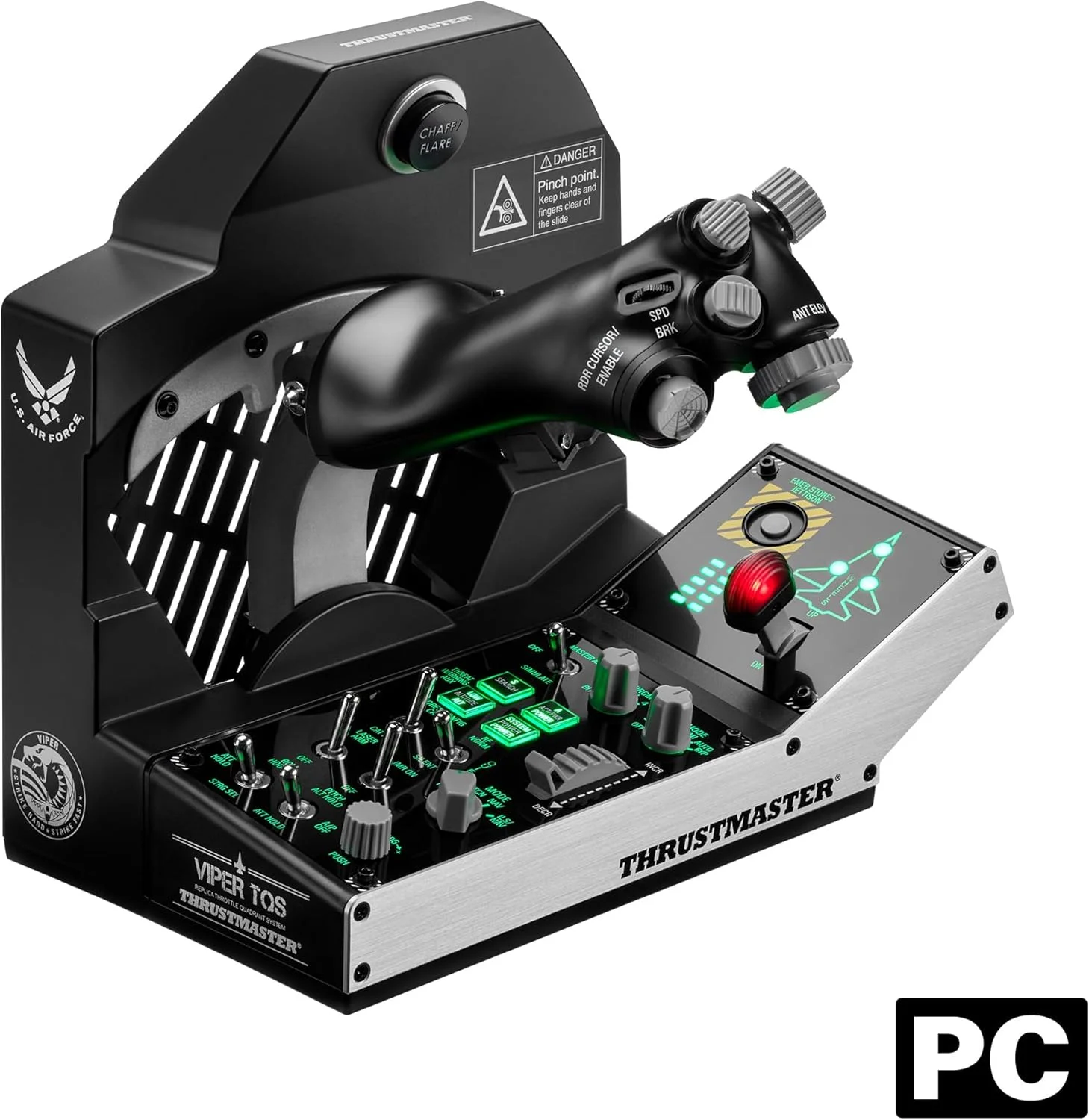 پک ماموریت Thrustmaster Viper TQS برای PC، سیستم کوادرانت دریچه گاز فلزی، شامل دریچه گاز و پنل کنترل، دقت اثر هال، 64 دکمه عملکرد، 6 محور، دارای مجوز از نیروی هوایی ایالات متحده