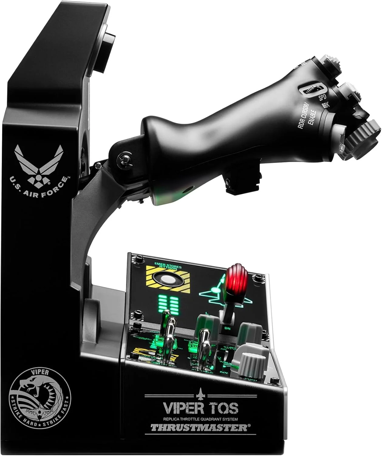 پک ماموریت Thrustmaster Viper TQS برای PC، سیستم کوادرانت دریچه گاز فلزی، شامل دریچه گاز و پنل کنترل، دقت اثر هال، 64 دکمه عملکرد، 6 محور، دارای مجوز از نیروی هوایی ایالات متحده