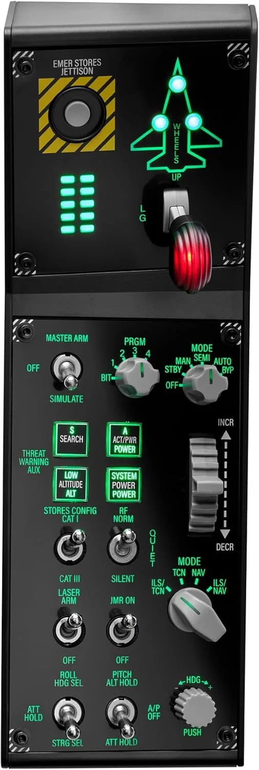 پنل Thrustmaster Viper برای کامپیوتر، پنل کنترل با نور پس زمینه، برای استفاده با Viper TQS یا به صورت مستقل، 43 دکمه فلزی، رهاسازی مهمات، تریم، ارابه فرود، دارای مجوز از نیروی هوایی ایالات متحده