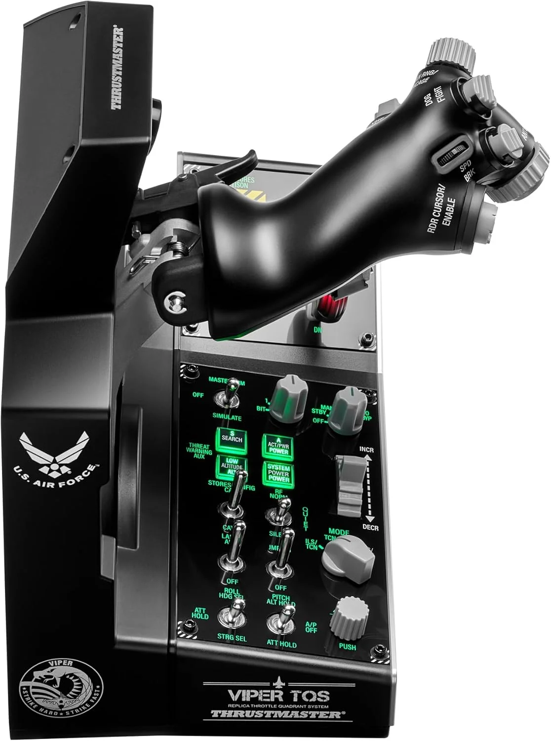 پک ماموریت Thrustmaster Viper TQS برای PC، سیستم کوادرانت دریچه گاز فلزی، شامل دریچه گاز و پنل کنترل، دقت اثر هال، 64 دکمه عملکرد، 6 محور، دارای مجوز از نیروی هوایی ایالات متحده