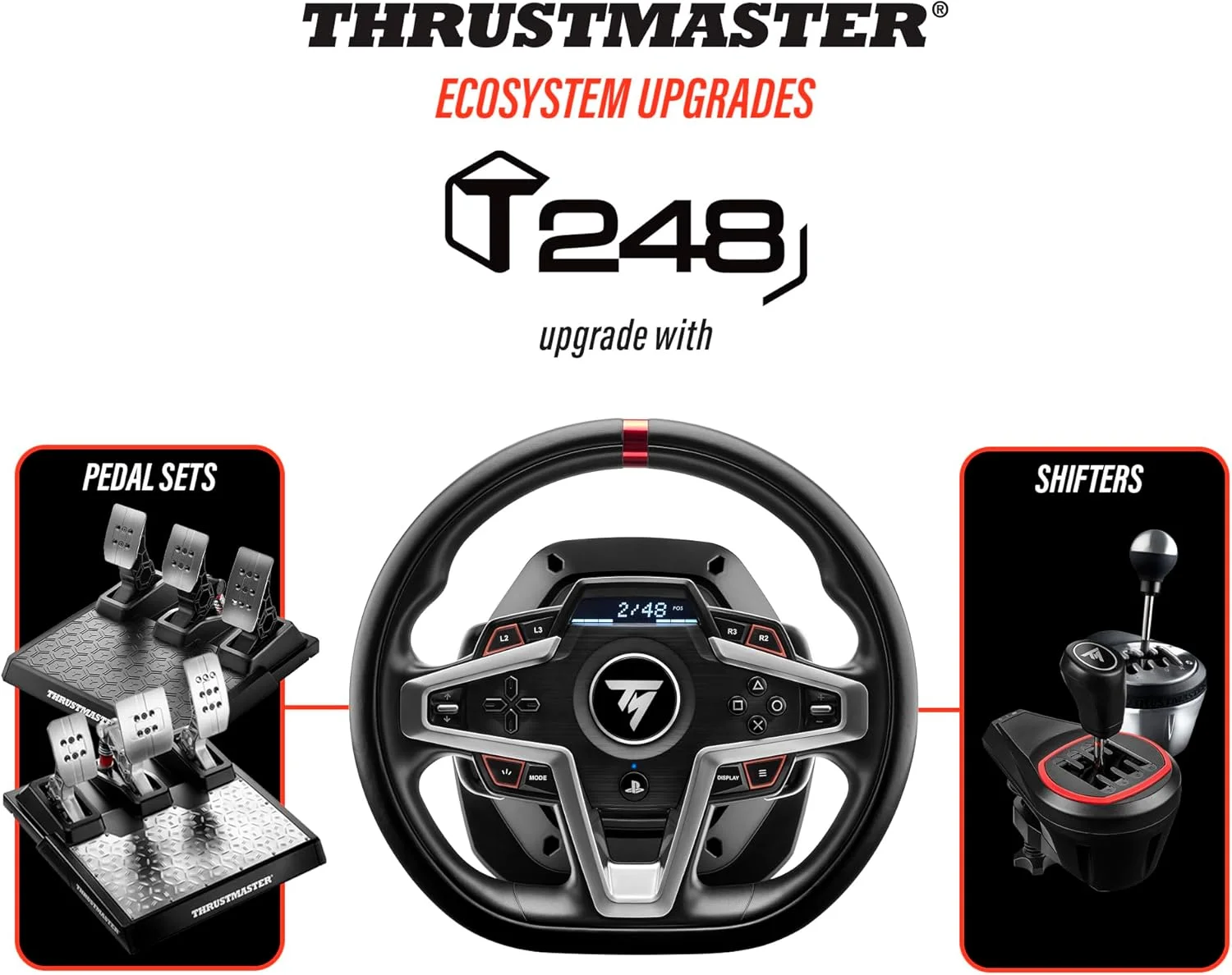 فرمان مسابقه و پدال های مغناطیسی Thrustmaster T248، سازگار با PS5، PS4، PC، HYBRID DRIVE، پدال شیفترهای مغناطیسی، فیدبک نیروی دینامیک، صفحه نمایش با اطلاعات مسابقه