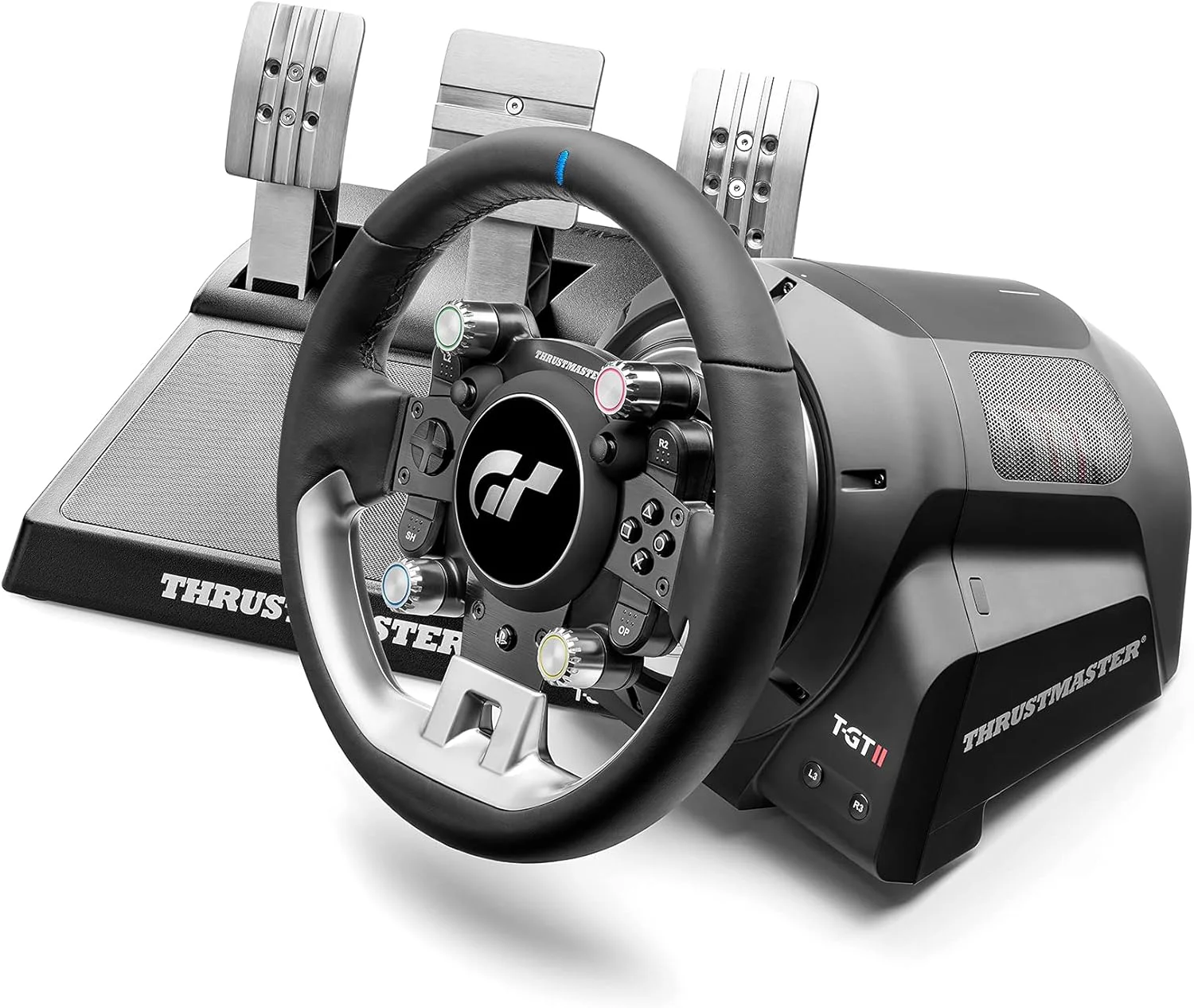 فرمان مسابقه Thrustmaster T-GT II به همراه مجموعه 3 پدال، PS5، PS4، PC، بازخورد نیروی بلادرنگ، موتور 40 واتی بدون جاروبک، سیستم دو تسمه، فناوری مغناطیسی، فرمان قابل تعویض