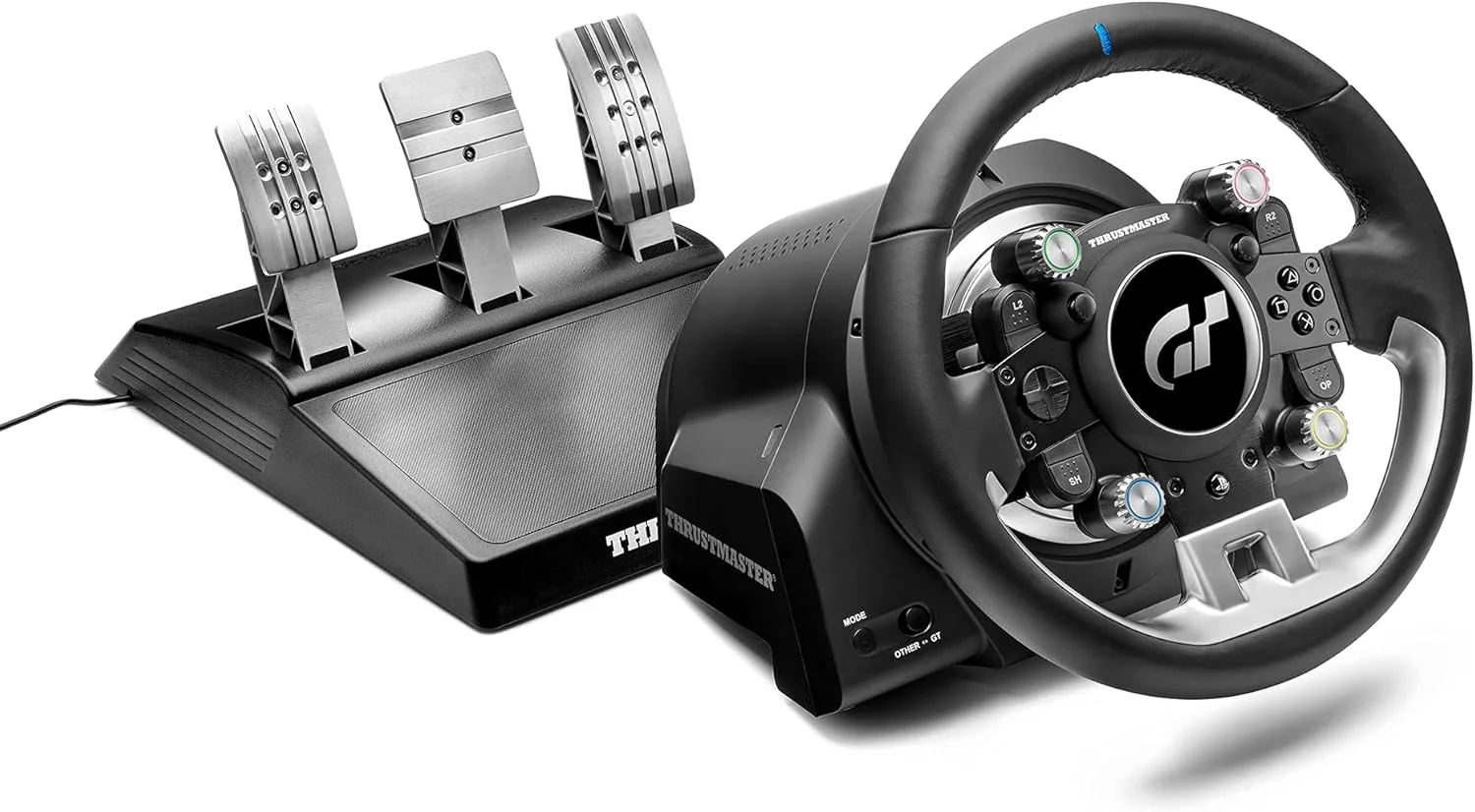 فرمان مسابقه Thrustmaster T-GT II به همراه مجموعه 3 پدال، PS5، PS4، PC، بازخورد نیروی بلادرنگ، موتور 40 واتی بدون جاروبک، سیستم دو تسمه، فناوری مغناطیسی، فرمان قابل تعویض