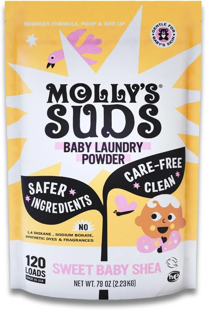 پودر شوینده لباس کودک Molly's Suds | از بین برنده لکه های شیر خشک، مدفوع و بالا آوردن | فوق العاده ملایم برای نوزادان (شی باتر کودکانه - 120 بار شستشو)