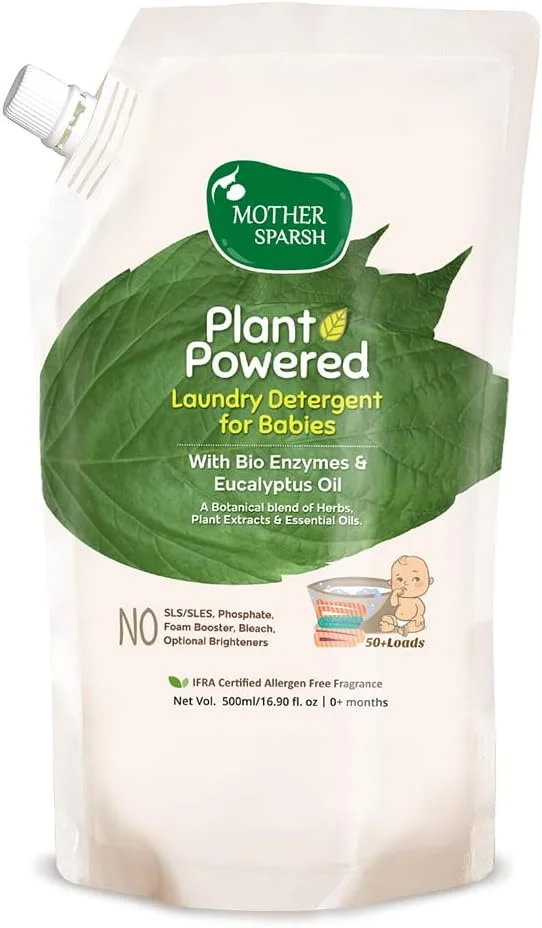 مایع لباسشویی کودک Mother Sparsh (تقویت شده با گیاهان) با آنزیم های زیستی و روغن اکالیپتوس، بسته پرکننده (500 میلی لیتر)