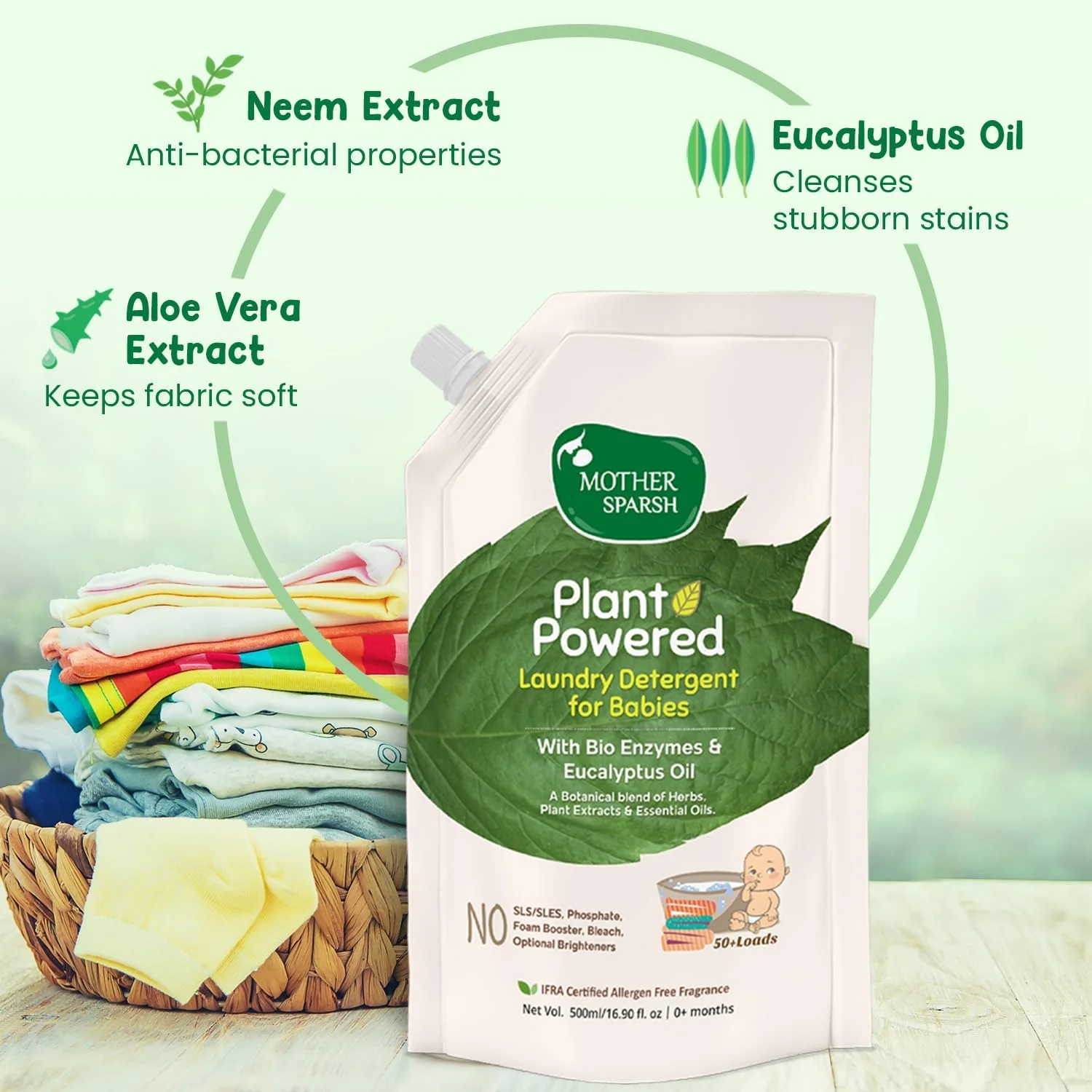 مایع لباسشویی کودک Mother Sparsh (تقویت شده با گیاهان) با آنزیم های زیستی و روغن اکالیپتوس - 500 میلی لیتر X 2 مایع لباسشویی کودک Mother Sparsh (تقویت شده با گیاهان) با آنزیم های زیستی و روغن اکالیپتوس - 500 میلی لیتر X 2