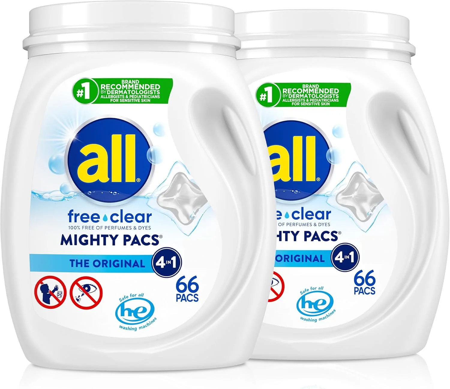 پودر لباسشویی آل Mighty Pacs مدل Free Clear با لکه بردار، مناسب پوست های حساس، 66 عددی - (بسته 2 عددی)