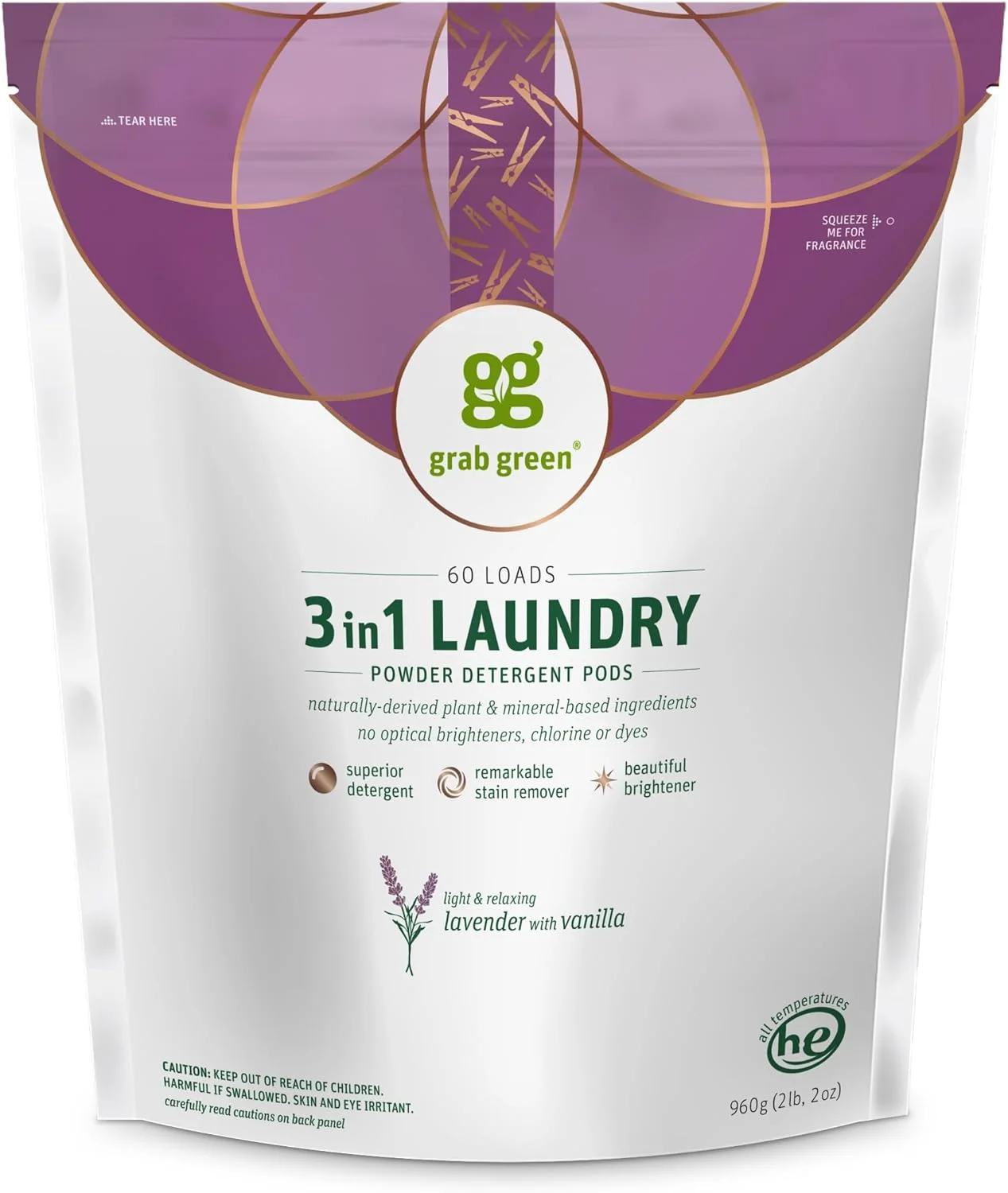 پودر لباسشویی 3 در 1 گراب گرین، 60 عددی، رایحه اسطوخودوس و وانیل، پایه گیاهی و معدنی، قدرت پاک کنندگی عالی، لکه بر، روشن کننده لباس