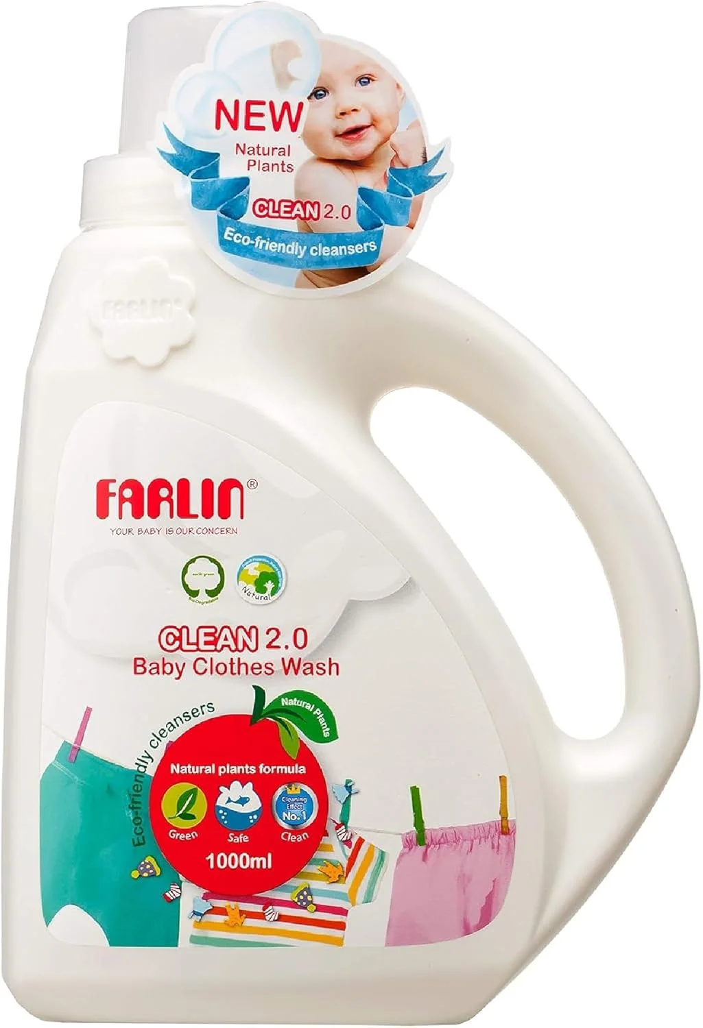مایع لباسشویی کودک فارلین مدل CLEAN 2.0 – فرمول گیاهی طبیعی، پاک کننده سازگار با محیط زیست، ایمن برای پوست کودک، 1000 میلی لیتر