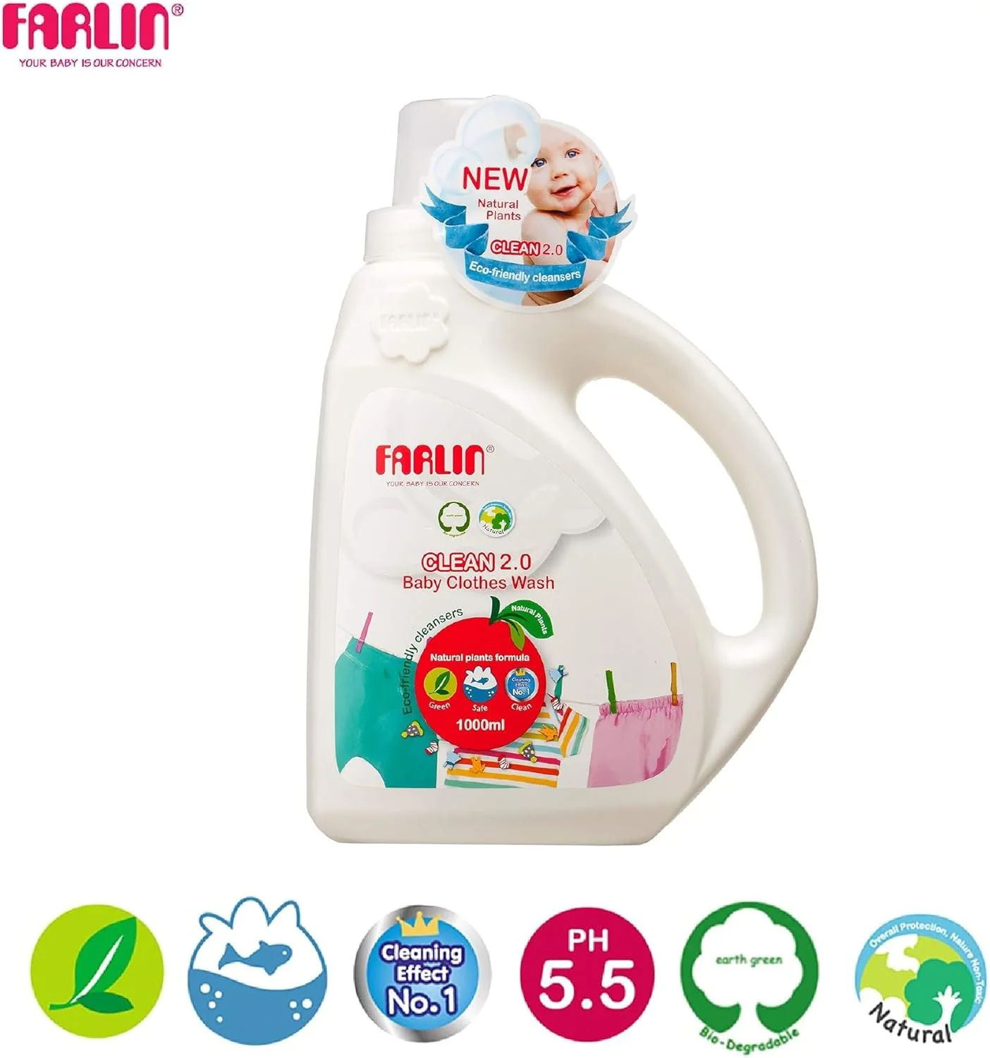 مایع لباسشویی کودک فارلین مدل CLEAN 2.0 – فرمول گیاهی طبیعی، پاک کننده سازگار با محیط زیست، ایمن برای پوست کودک، 1000 میلی لیتر