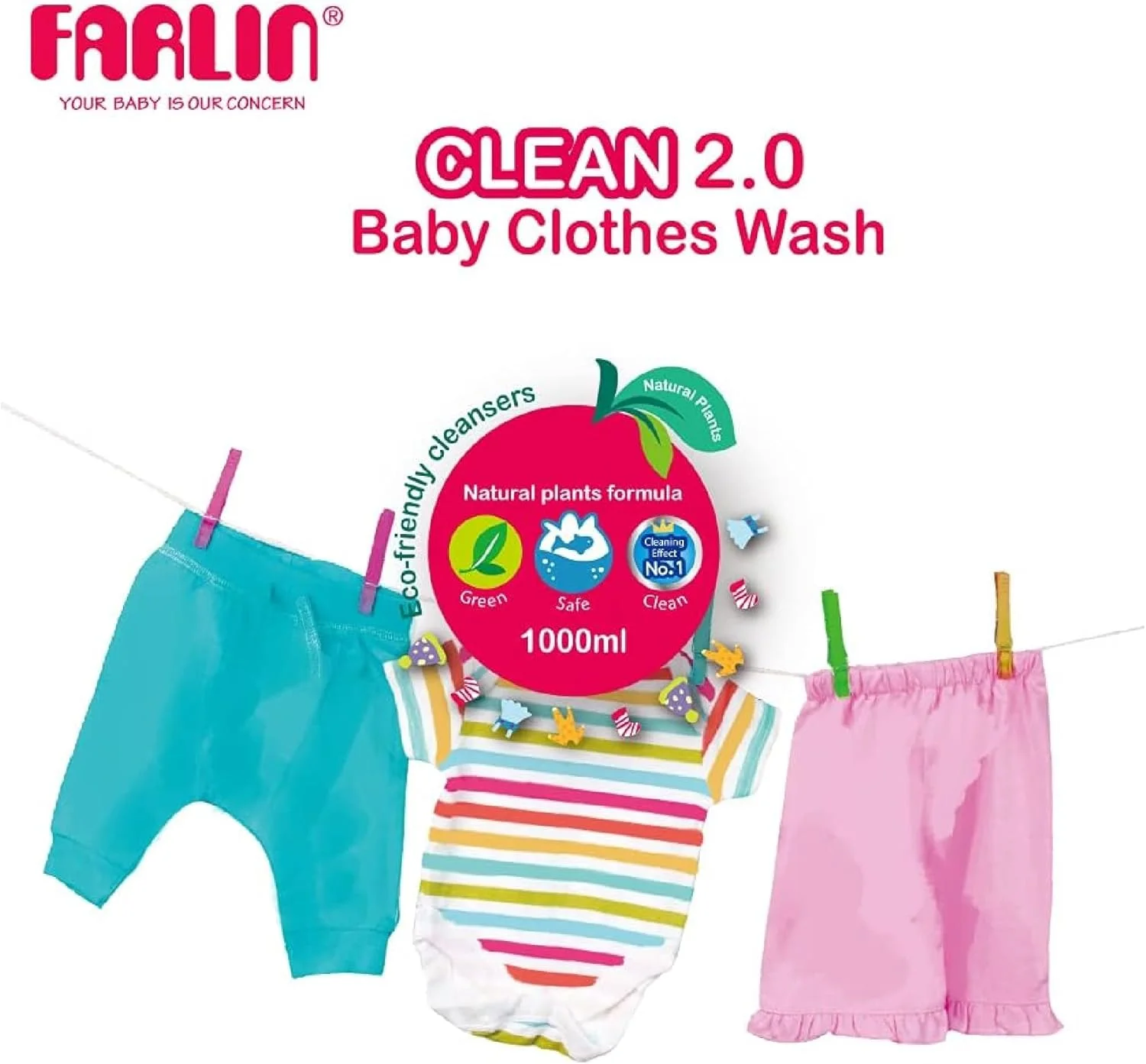 مایع لباسشویی کودک فارلین مدل CLEAN 2.0 – فرمول گیاهی طبیعی، پاک کننده سازگار با محیط زیست، ایمن برای پوست کودک، 1000 میلی لیتر