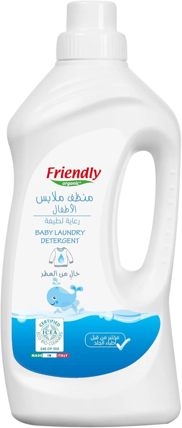 مایع لباسشویی کودک فرندلی ارگانیک، ضد حساسیت و مناسب پوست حساس، دارای گواهی USDA، مناسب نوزادان و پوست های حساس، بدون عطر - 1000 میلی لیتر، برای لباس های ظریف، پتو و حوله های کودک