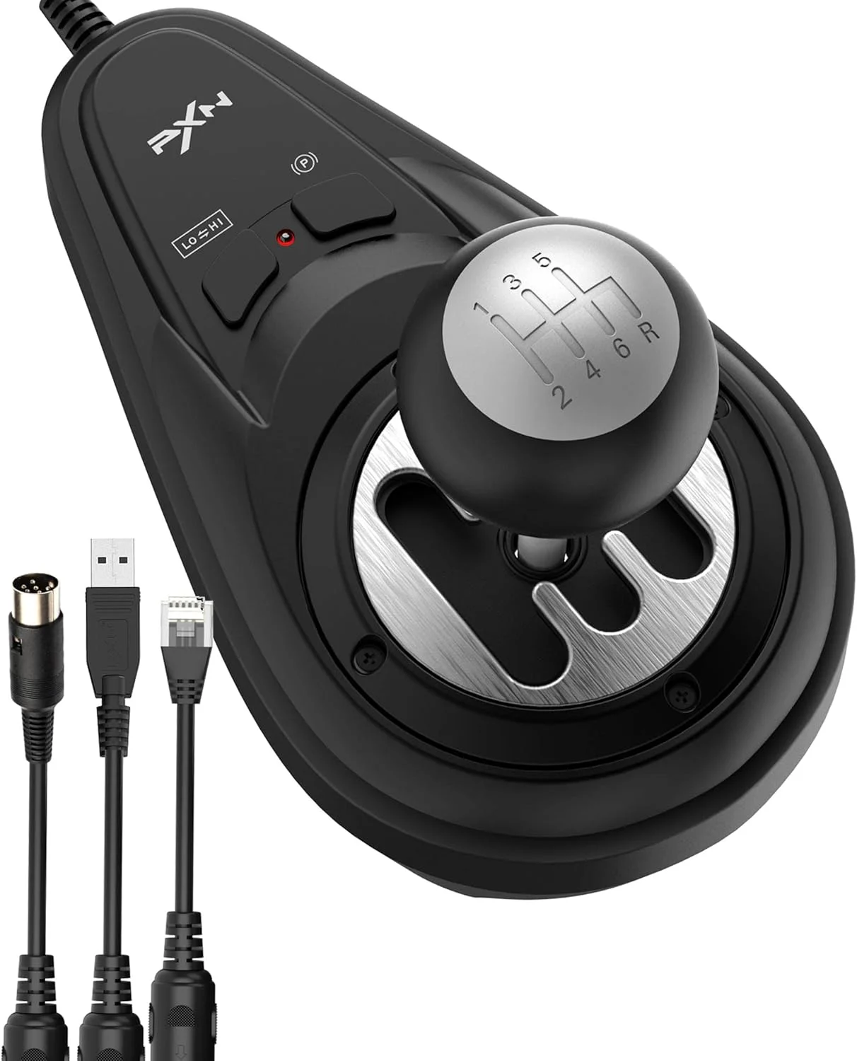 دنده PXN A7 برای فرمان بازی - دنده H با 6 دنده، 3 کابل (USB، RJ11، DIN)، دنده عقب فشاری، ترمز دستی و دکمه‌های سرعت بالا و پایین - یونیورسال روی PC