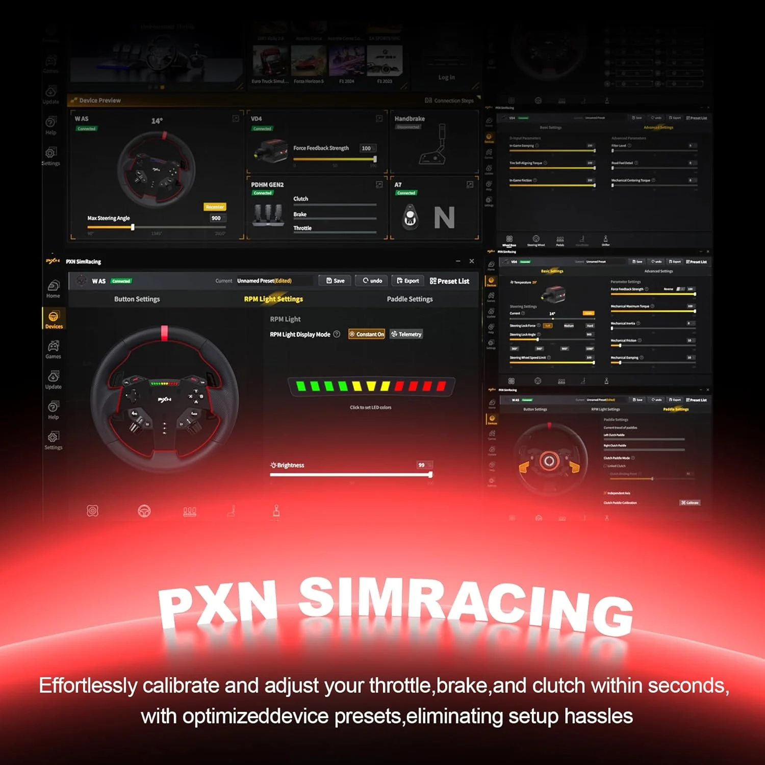مجموعه PXN VD4 F – تنظیمات مسابقه سیمکارت PC با پایه موتور سروو درایو مستقیم 4 نیوتنمتری، فرمان مسابقهای 11 اینچی W AS و پدالهای ترمز و گاز PD HM – فرمان با بازخورد نیرو برای PC ویندوز 7–11 مجموعه PXN VD4 F – تنظیمات مسابقه سیمکارت PC با پایه موتور سروو درایو مستقیم 4 نیوتنمتری، فرمان مسابقهای 11 اینچی W AS و پدالهای ترمز و گاز PD HM – فرمان با بازخورد نیرو برای PC ویندوز 7–11