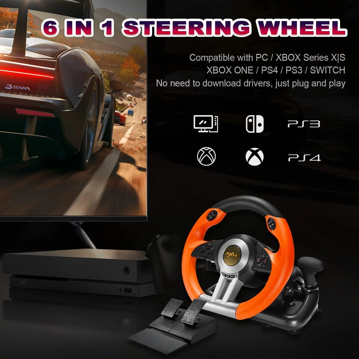 فرمان بازی کامپیوتر PXN-V3IIIO با پدال های خطی، بازخورد لرزشی، فرمان مسابقه ای برای Xbox One، Xbox Series X|S، PS4، PS3، Switch، PC دست دوم - خوب فرمان بازی کامپیوتر PXN-V3IIIO با پدال های خطی، بازخورد لرزشی، فرمان مسابقه ای برای Xbox One، Xbox Series X|S، PS4، PS3، Switch، PC دست دوم - خوب