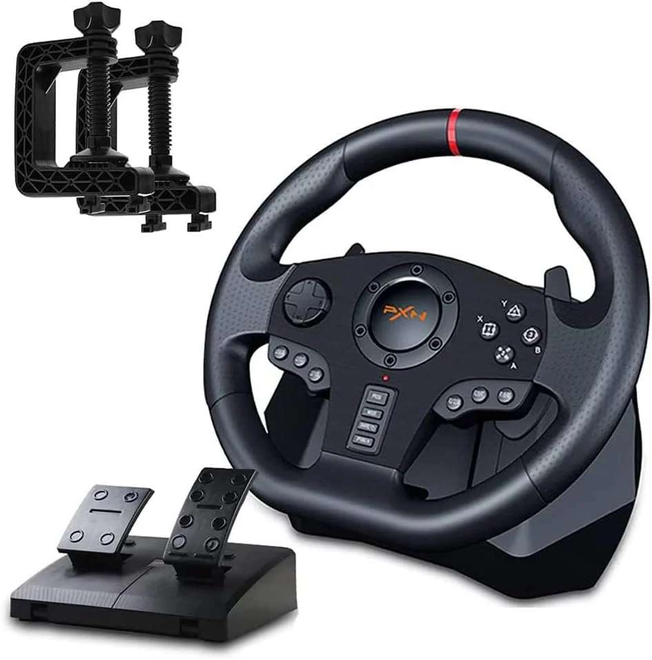 فرمان مسابقه بازی PXN V900 با قابلیت چرخش 270/900 درجه، پدال و عملکرد صوتی، مناسب برای PC، PS3، PS4، Xbox One، Xbox Series S/X و Nintendo Switch