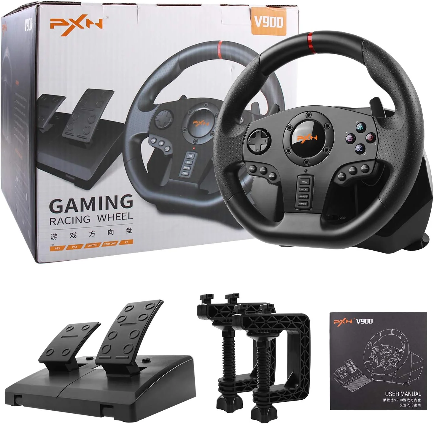 فرمان مسابقه بازی PXN V900 با قابلیت چرخش 270/900 درجه، پدال و عملکرد صوتی، مناسب برای PC، PS3، PS4، Xbox One، Xbox Series S/X و Nintendo Switch فرمان مسابقه بازی PXN V900 با قابلیت چرخش 270/900 درجه، پدال و عملکرد صوتی، مناسب برای PC، PS3، PS4، Xbox One، Xbox Series S/X و Nintendo Switch