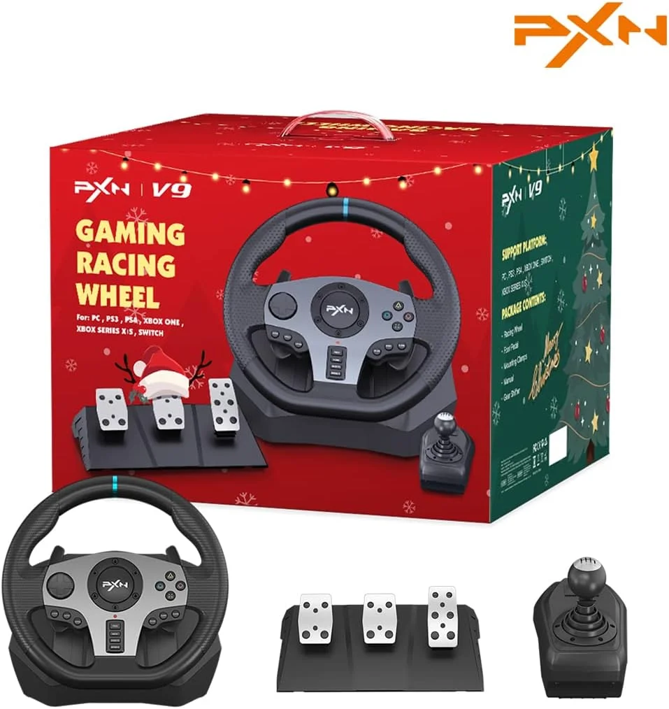 فرمان بازی PXN V9 - هدیه کریسمس فرمان مسابقه شبیه ساز رانندگی 270/900 درجه، فرمان مسابقه ای PC با موتور دوگانه ویبره با پدال و جوی استیک، برای Xbox Series X|S، PS3، PS4، PC، Xbox One، Nintendo Switch