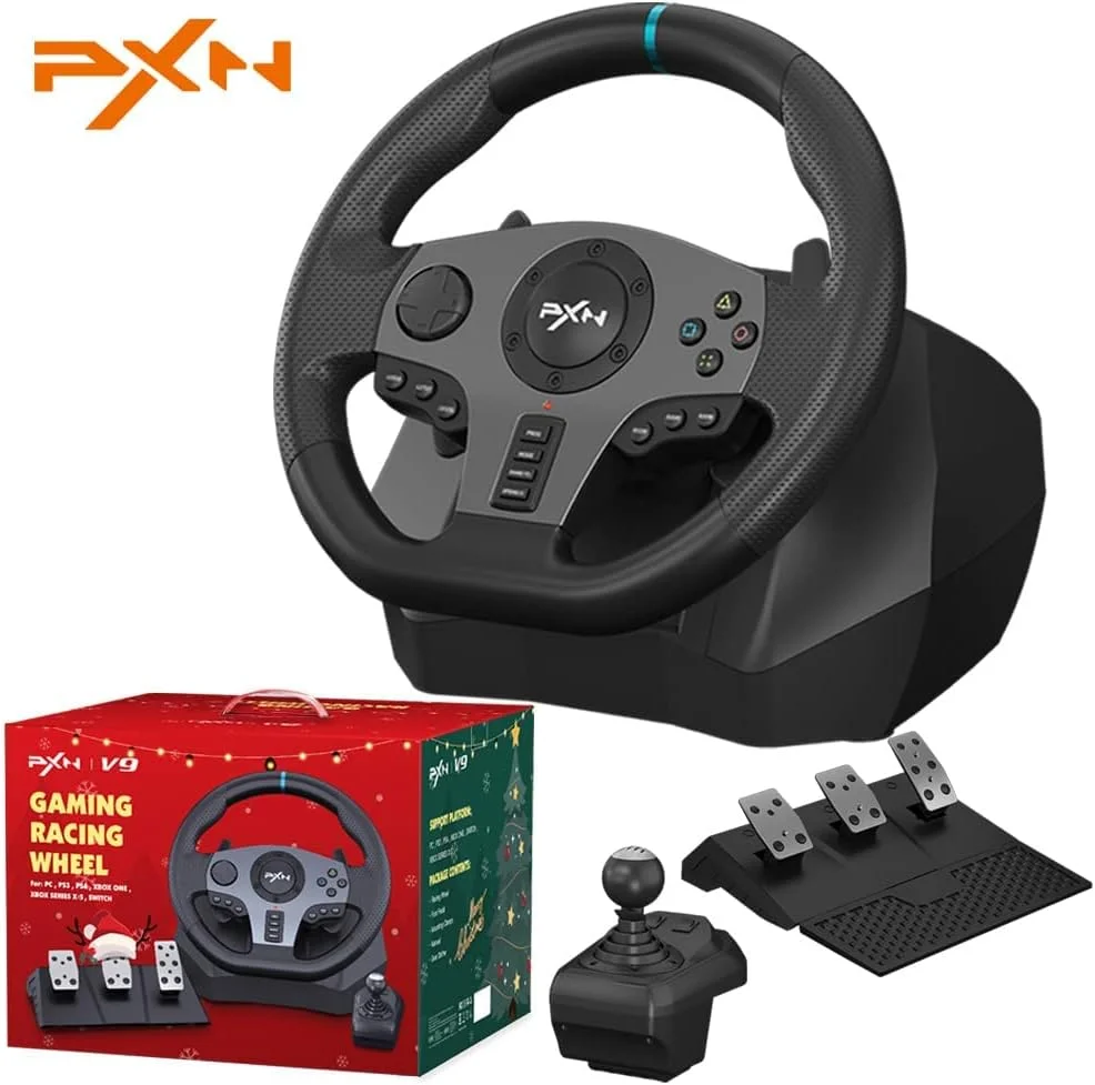 فرمان بازی PXN V9 - هدیه کریسمس فرمان مسابقه شبیه ساز رانندگی 270/900 درجه، فرمان مسابقه ای PC با موتور دوگانه ویبره با پدال و جوی استیک، برای Xbox Series X|S، PS3، PS4، PC، Xbox One، Nintendo Switch فرمان بازی PXN V9 - هدیه کریسمس فرمان مسابقه شبیه ساز رانندگی 270/900 درجه، فرمان مسابقه ای PC با موتور دوگانه ویبره با پدال و جوی استیک، برای Xbox Series X|S، PS3، PS4، PC، Xbox One، Nintendo Switch