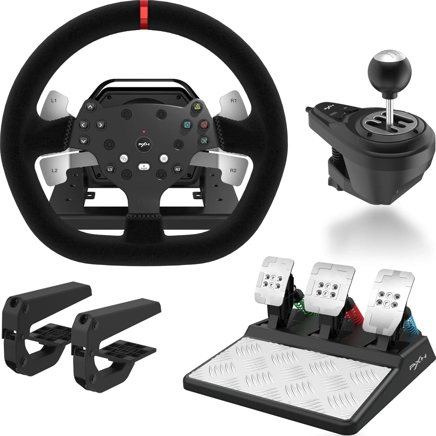فرمان بازی PXN V10 با پدال و دنده - فرمان بازی برای PC، PS4، XBOX - فرمان بازی 270/900 درجه با بازخورد نیرو FFB، پدال‌های تعویض دنده - مشکی
