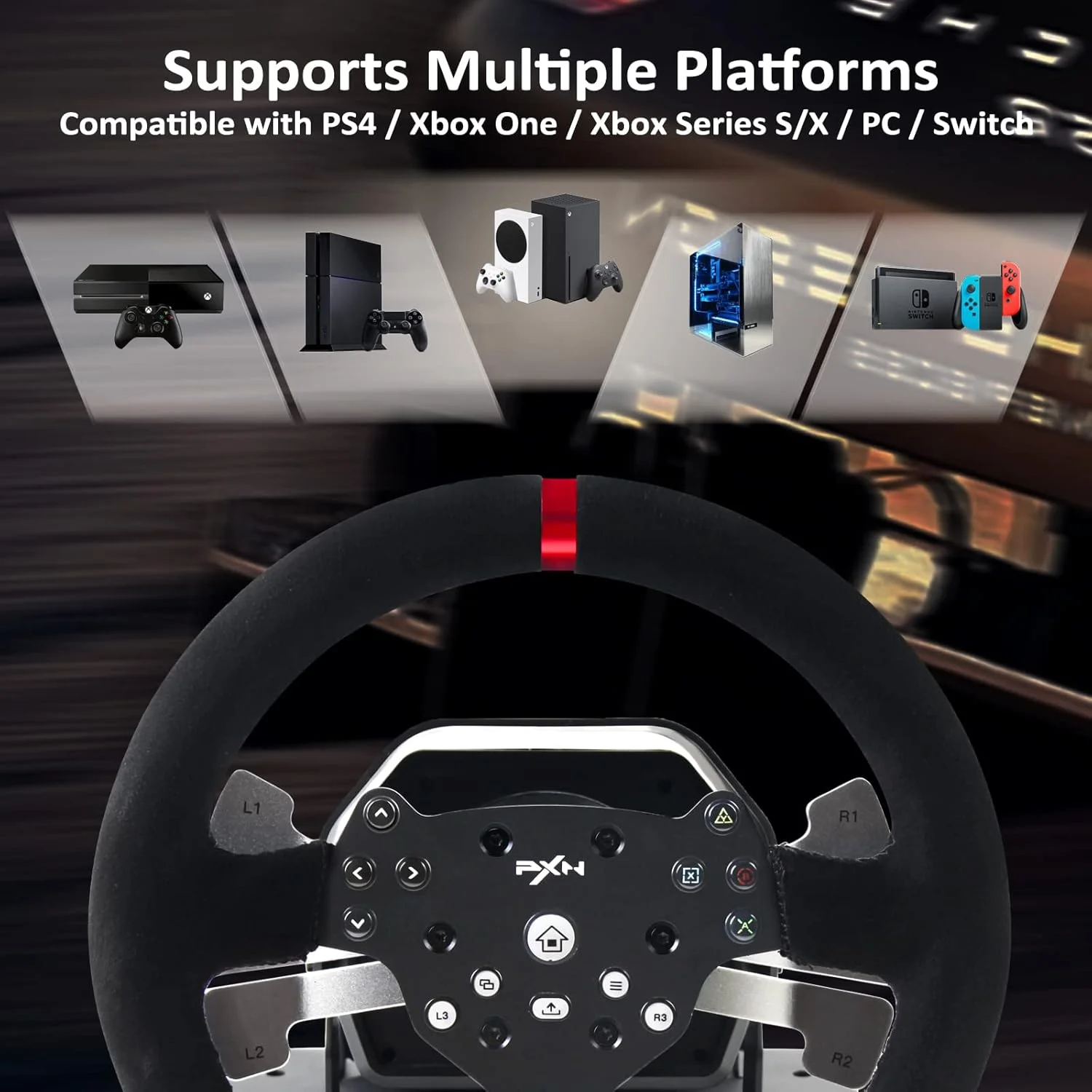فرمان مسابقه Driving Force، فرمان مسابقه PXN V10 با چرخش 270°/900°، همراه با کلاچ و دنده، پشتیبانی از بازخورد نیروی واقعی و عملکرد هدست، مناسب برای PC، PS3، PS4، Xbox One، Nintendo Switch. فرمان مسابقه Driving Force، فرمان مسابقه PXN V10 با چرخش 270°/900°، همراه با کلاچ و دنده، پشتیبانی از بازخورد نیروی واقعی و عملکرد هدست، مناسب برای PC، PS3، PS4، Xbox One، Nintendo Switch.