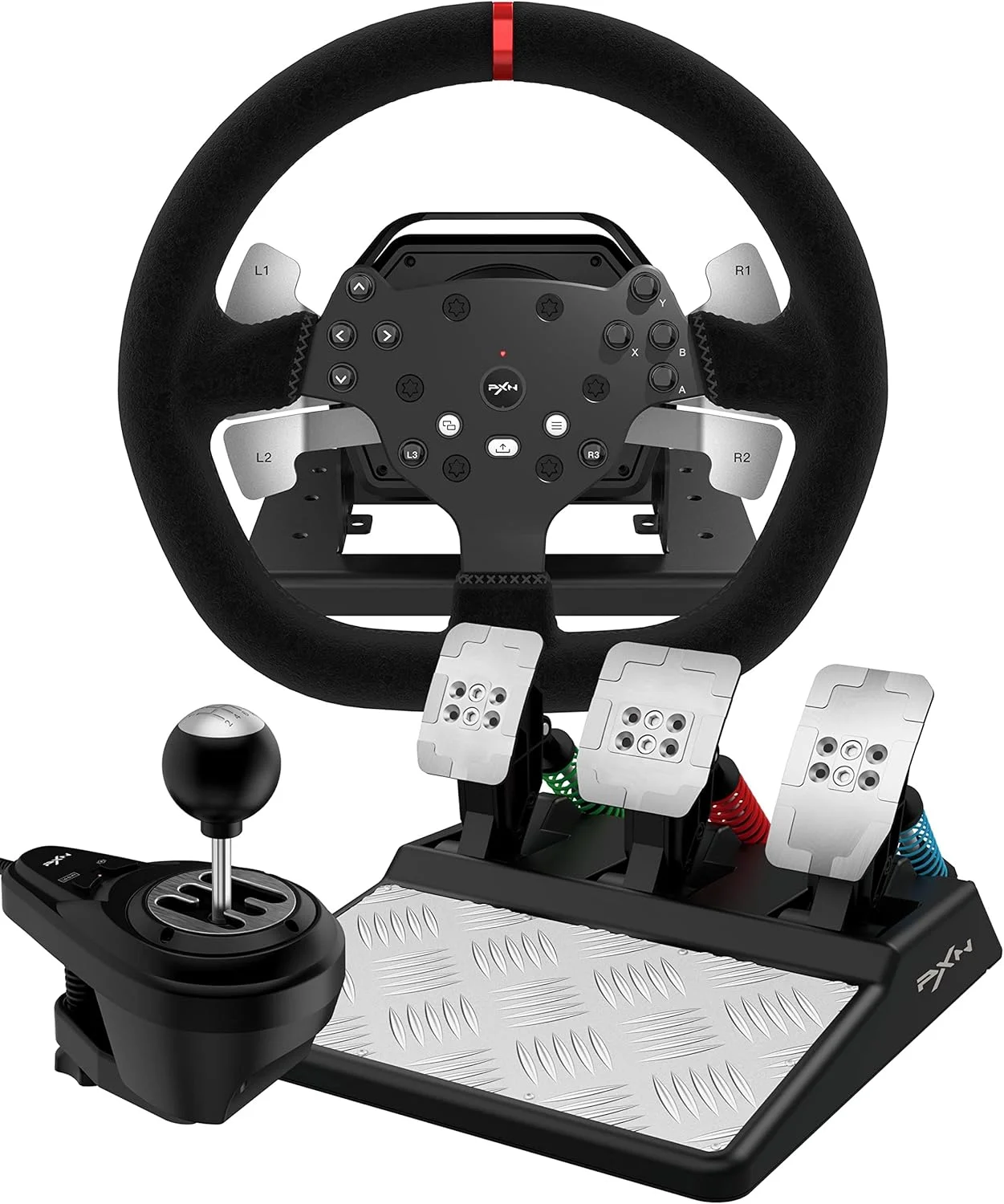 فرمان بازی PXN V10 با پدال و شیفتر - فرمان مسابقه با بازخورد نیرو، 270 درجه و 900 درجه، 4 پدال شیفتر، برنامه ابزار - فرمان بازی PC، فرمان برای PC، PS4 و Xbox