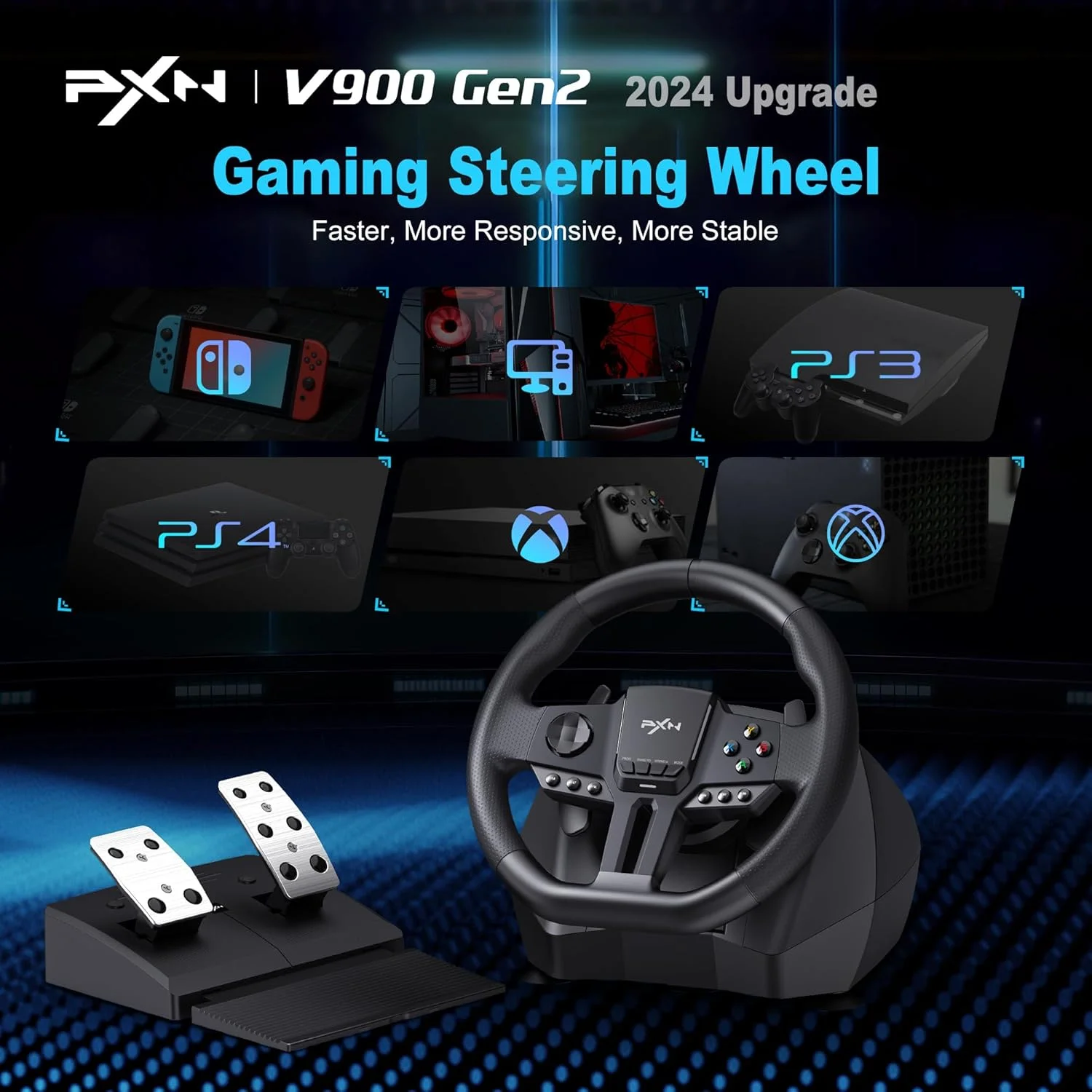 فرمان مسابقه پیسی PXN V900 GEN2 با چرخش 270°/900° دو حالته، سنسور مغناطیسی، پدالهای گیمینگ RGB و رابط Type-C ارتقا یافته، سازگار با PC، PS4، PS3، Xbox فرمان مسابقه پیسی PXN V900 GEN2 با چرخش 270°/900° دو حالته، سنسور مغناطیسی، پدالهای گیمینگ RGB و رابط Type-C ارتقا یافته، سازگار با PC، PS4، PS3، Xbox
