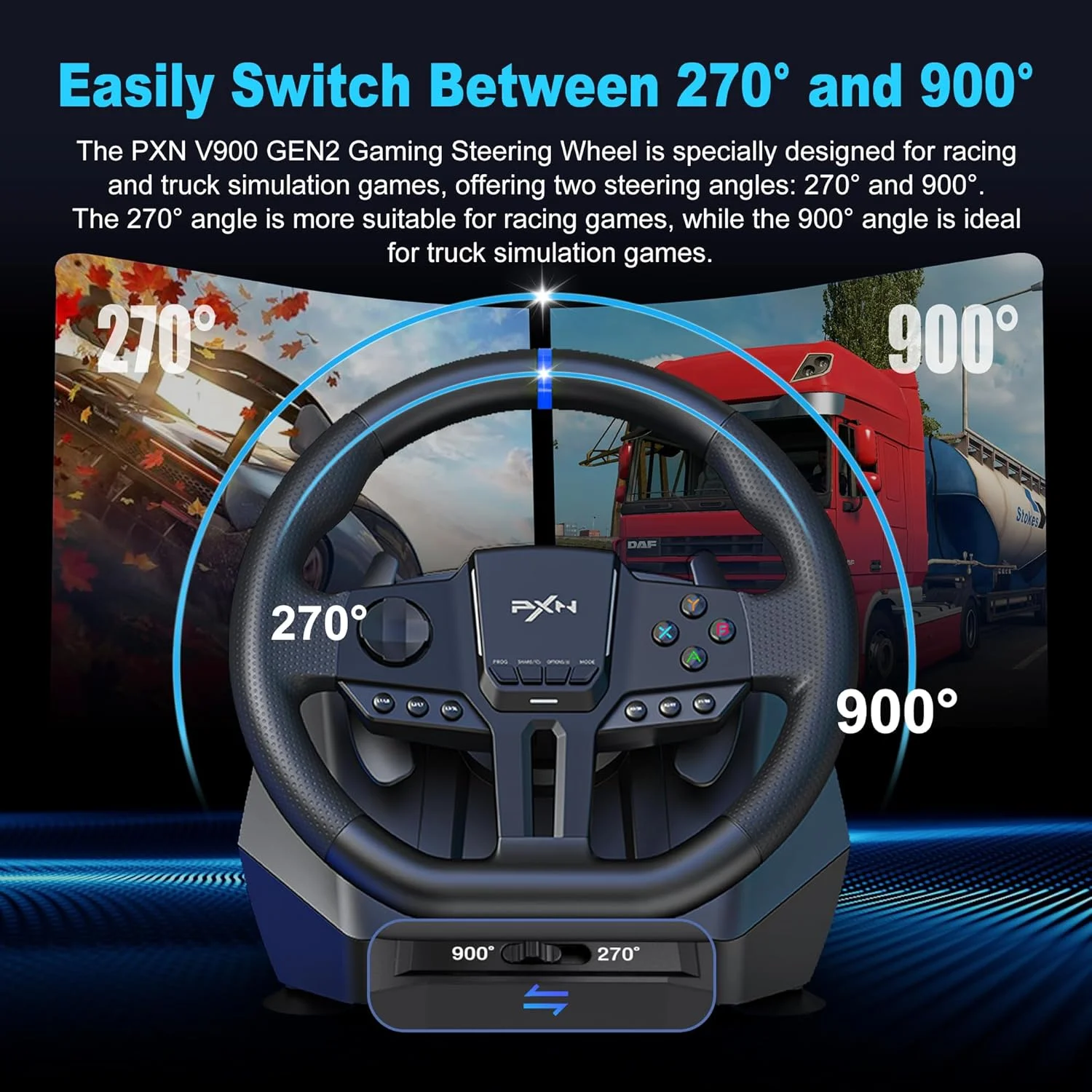 فرمان مسابقه پیسی PXN V900 GEN2 با چرخش 270°/900° دو حالته، سنسور مغناطیسی، پدالهای گیمینگ RGB و رابط Type-C ارتقا یافته، سازگار با PC، PS4، PS3، Xbox فرمان مسابقه پیسی PXN V900 GEN2 با چرخش 270°/900° دو حالته، سنسور مغناطیسی، پدالهای گیمینگ RGB و رابط Type-C ارتقا یافته، سازگار با PC، PS4، PS3، Xbox