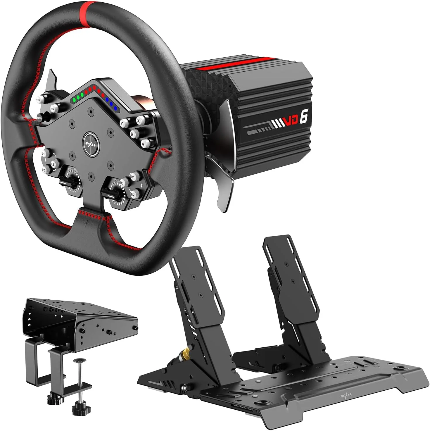 باندل PXN VD6 Direct Drive - فرمان و پدال های مسابقه ای PC – پایه موتور سروو درایو مستقیم 6 نیوتن متری، فرمان مسابقه ای W DS R2، پدال 2 تایی اثر هال و گیره رومیزی – تنظیمات حرفه ای سیم ریسینگ برای ویندوز