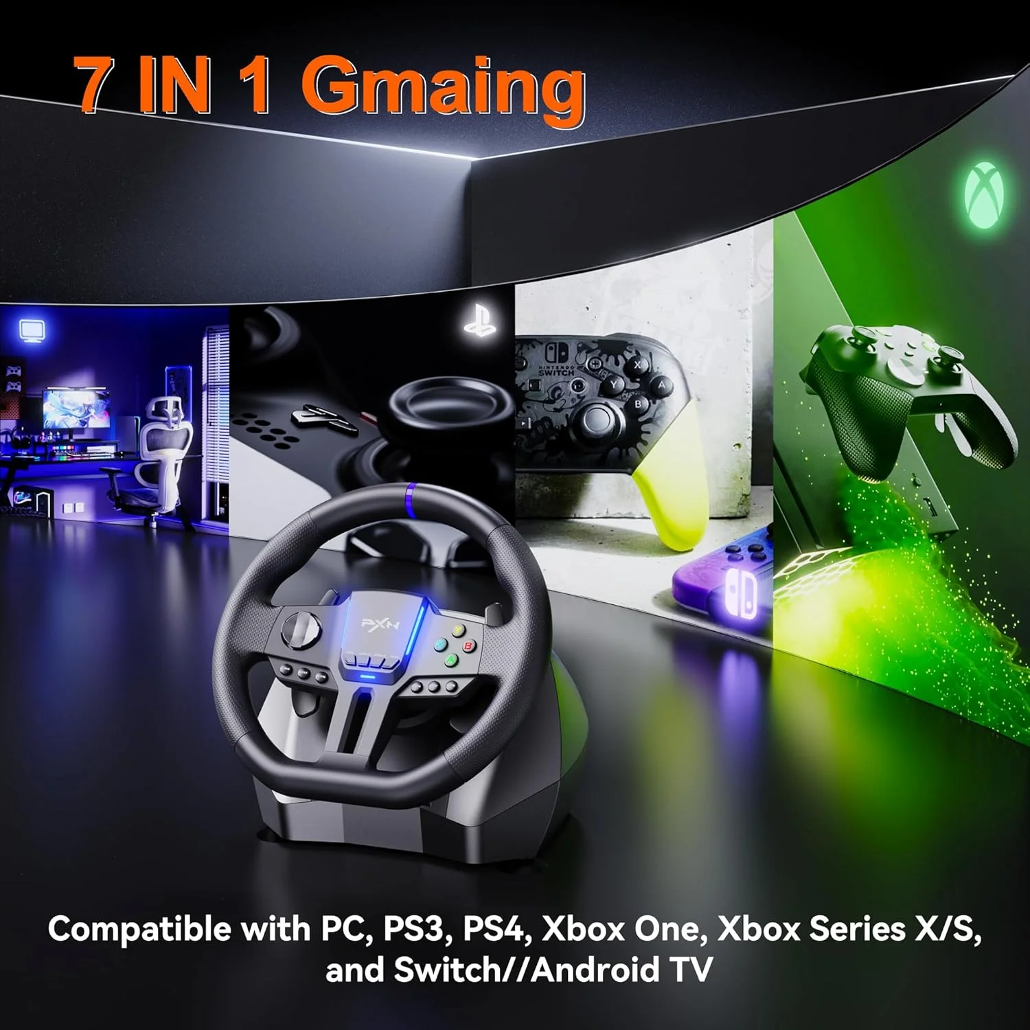 فرمان مسابقه PXN PC، V900 GEN2 فرمان بازی شبیه ساز ماشین USB جهانی 270/900 درجه با پدال برای PS3، PS4، Xbox One، Xbox Series X/S، Switch، Android TV فرمان مسابقه PXN PC، V900 GEN2 فرمان بازی شبیه ساز ماشین USB جهانی 270/900 درجه با پدال برای PS3، PS4، Xbox One، Xbox Series X/S، Switch، Android TV