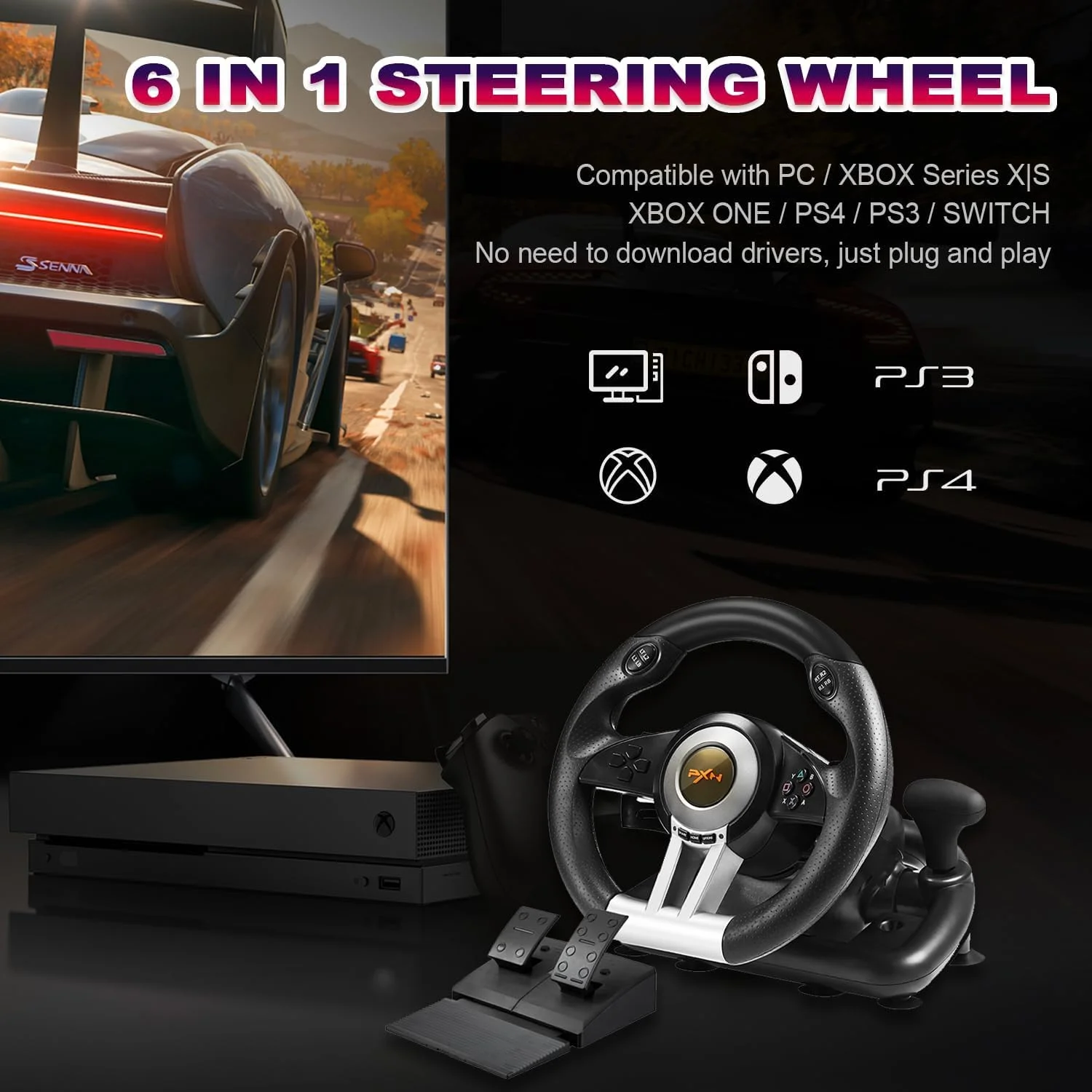 فرمان بازی PXN-V3IIIB با پدال خطی و فیدبک لرزشی برای Xbox One، Xbox Series S/X، PS4، PS3، Switch، PC - کارکرده در حد نو