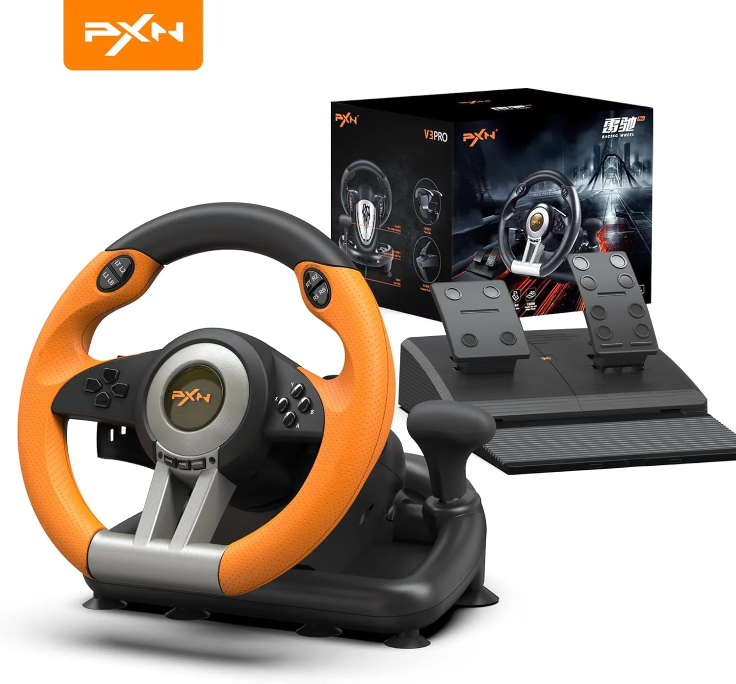 فرمان بازی مسابقه ای PXNV3II PC، فرمان بازی 180 درجه یونیورسال USB با پدال برای ویندوز PC، PS3، PS4، Xbox One، Xbox Series S/X، نینتندو سوییچ (نارنجی)