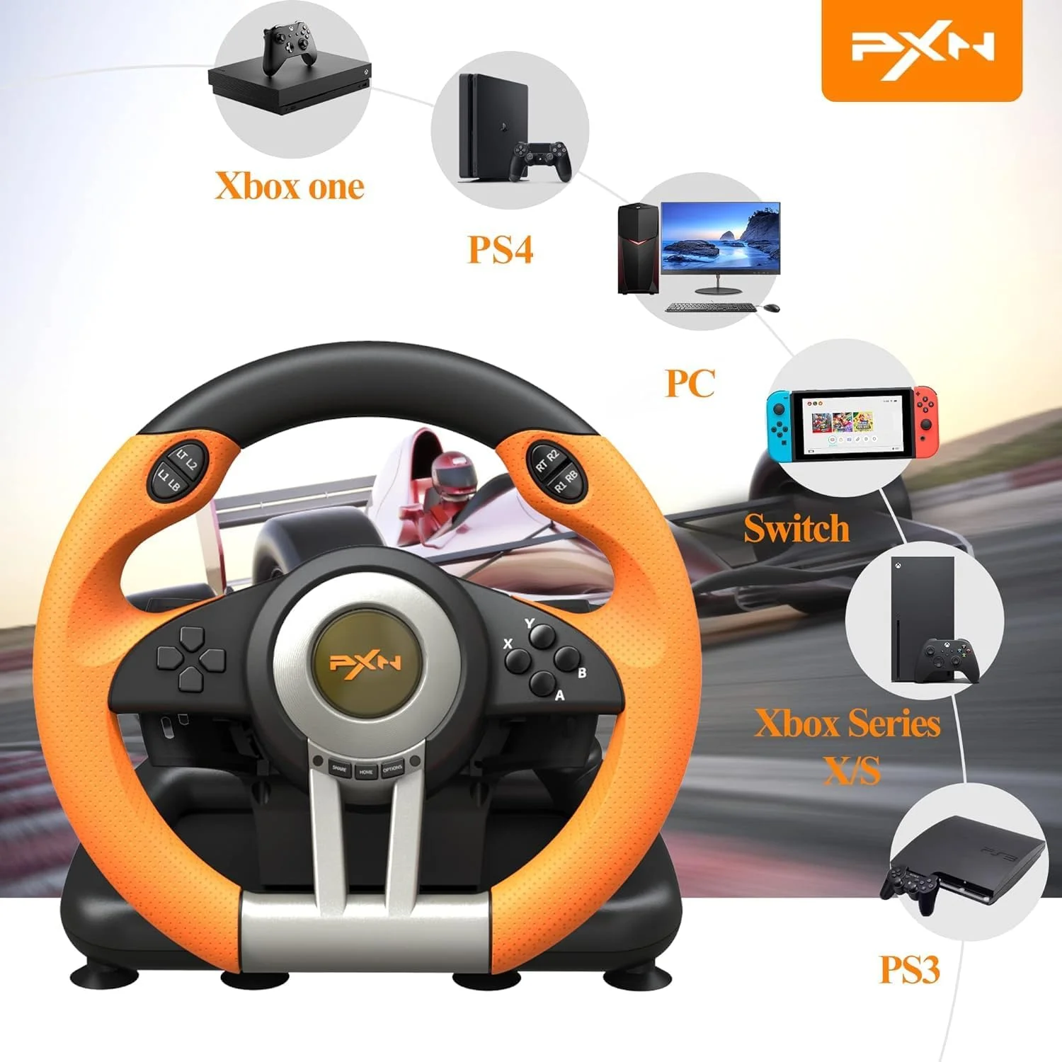 فرمان بازی مسابقه ای PXNV3II PC، فرمان بازی 180 درجه یونیورسال USB با پدال برای ویندوز PC، PS3، PS4، Xbox One، Xbox Series S/X، نینتندو سوییچ (نارنجی) فرمان بازی مسابقه ای PXNV3II PC، فرمان بازی 180 درجه یونیورسال USB با پدال برای ویندوز PC، PS3، PS4، Xbox One، Xbox Series S/X، نینتندو سوییچ (نارنجی)