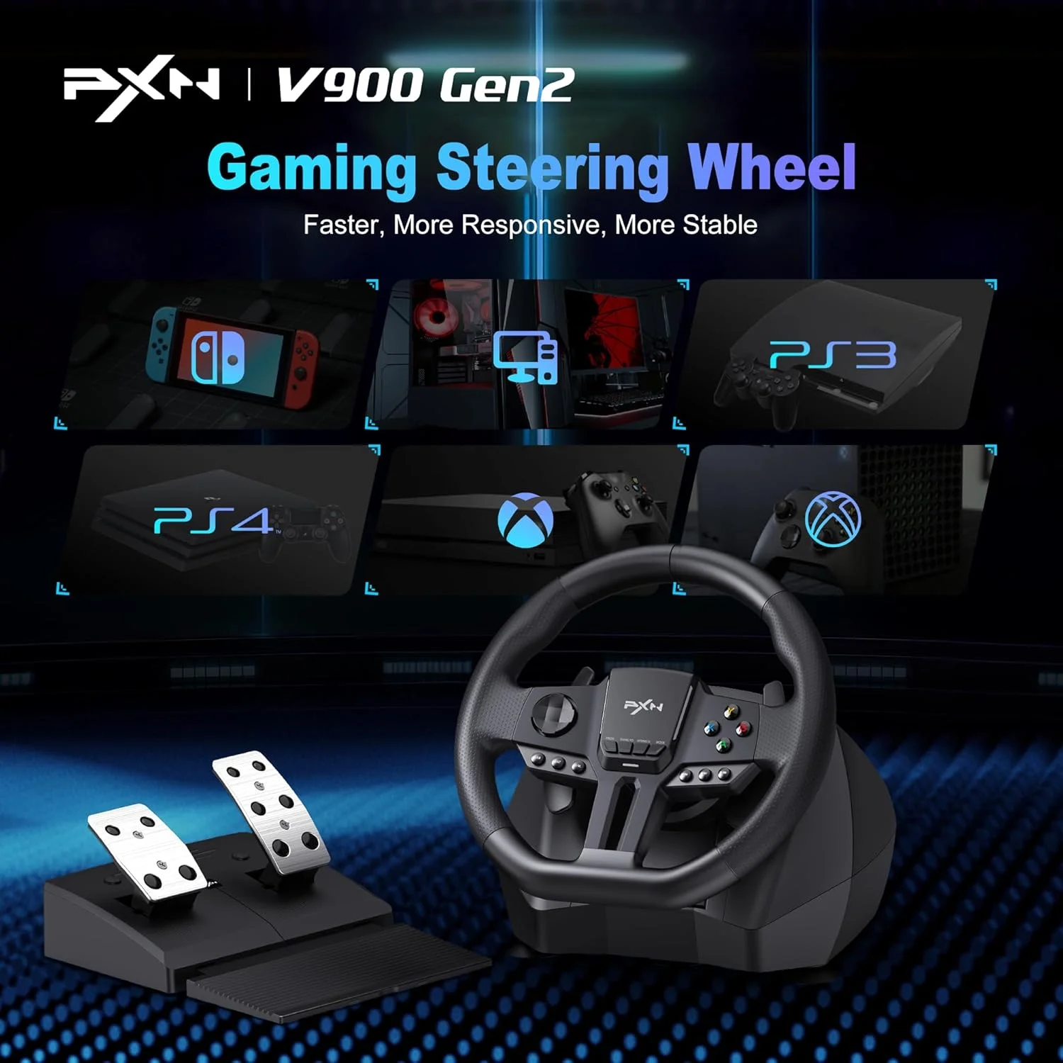 فرمان و پدال بازی PXN V900 Gen2، فرمان 270°/900° PC با لرزش، فرمان Xbox، فرمان مسابقه ای برای PC، PS3، PS4، Xbox One، Xbox Series X/S، Switch