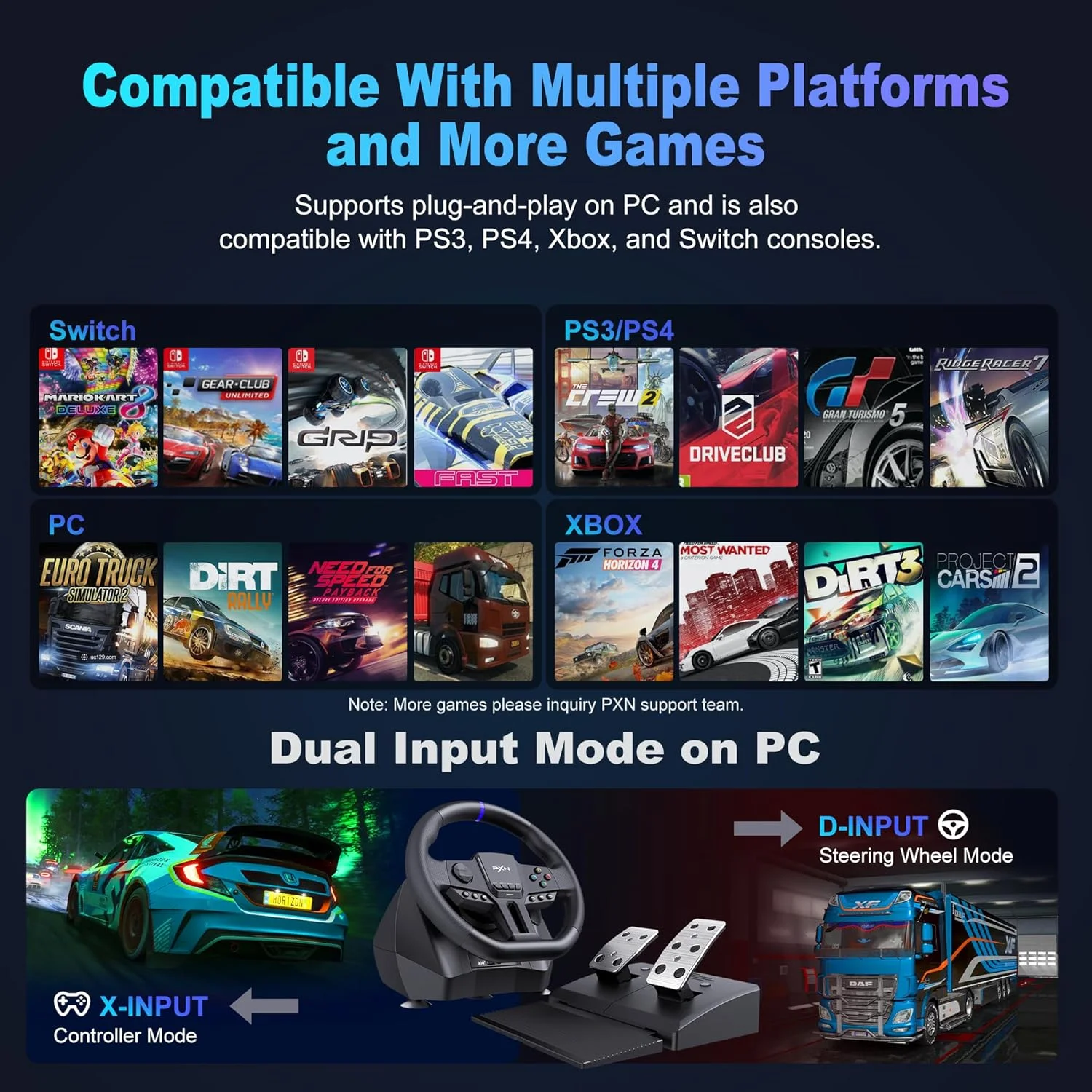 فرمان و پدال بازی PXN V900 Gen2، فرمان 270°/900° PC با لرزش، فرمان Xbox، فرمان مسابقه ای برای PC، PS3، PS4، Xbox One، Xbox Series X/S، Switch