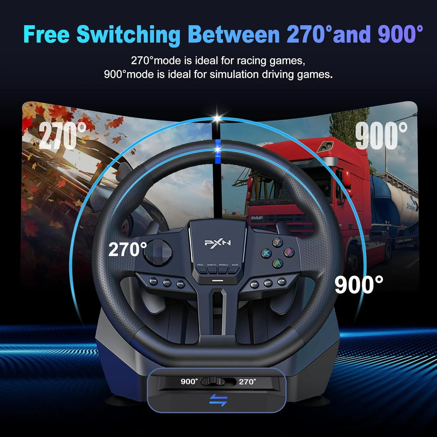 فرمان و پدال بازی PXN V900 Gen2، فرمان 270°/900° PC با لرزش، فرمان Xbox، فرمان مسابقه ای برای PC، PS3، PS4، Xbox One، Xbox Series X/S، Switch