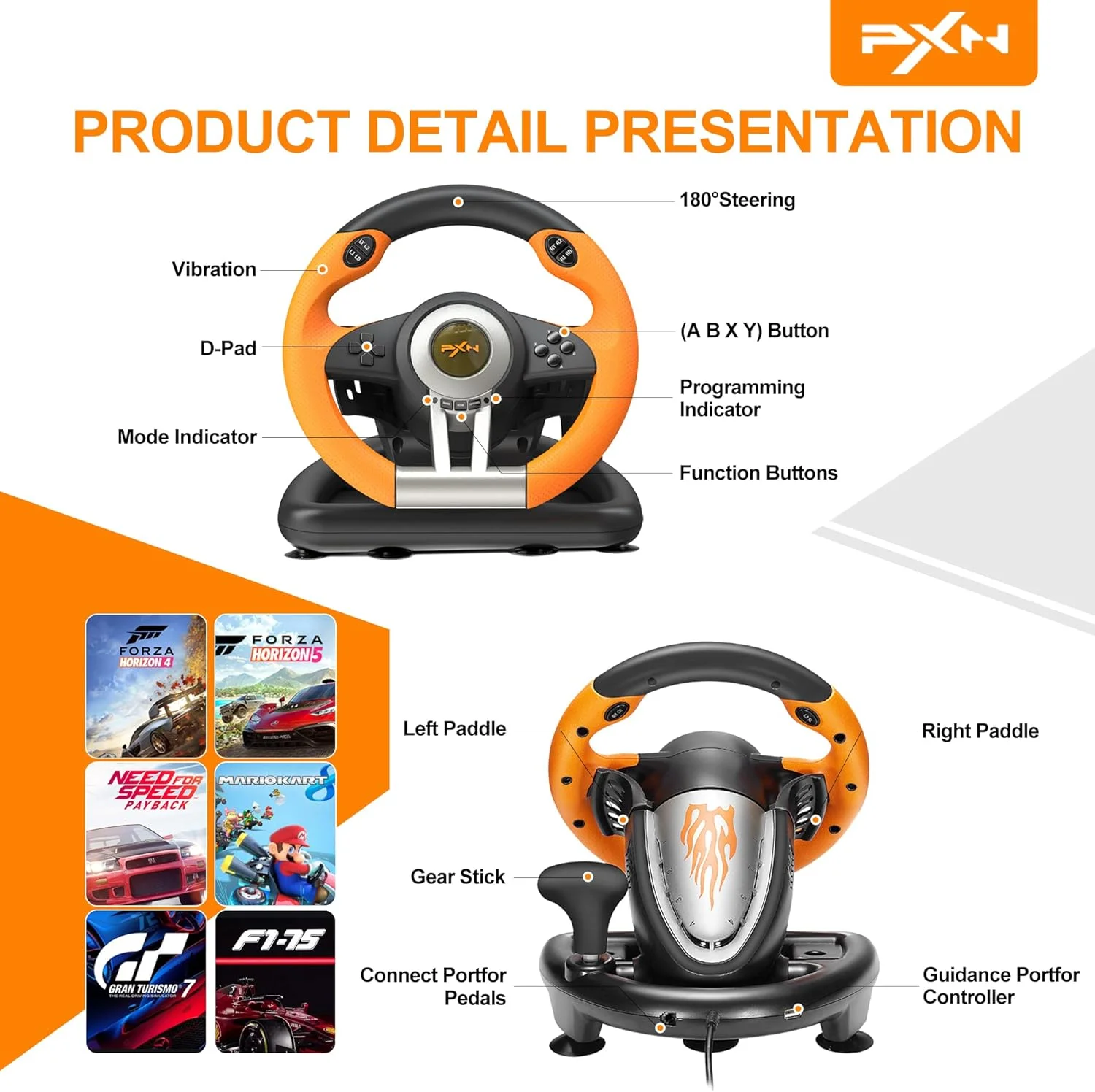 فرمان بازی مسابقه ای PXNV3II PC، فرمان بازی 180 درجه یونیورسال USB با پدال برای ویندوز PC، PS3، PS4، Xbox One، Xbox Series S/X، نینتندو سوییچ (نارنجی) فرمان بازی مسابقه ای PXNV3II PC، فرمان بازی 180 درجه یونیورسال USB با پدال برای ویندوز PC، PS3، PS4، Xbox One، Xbox Series S/X، نینتندو سوییچ (نارنجی)