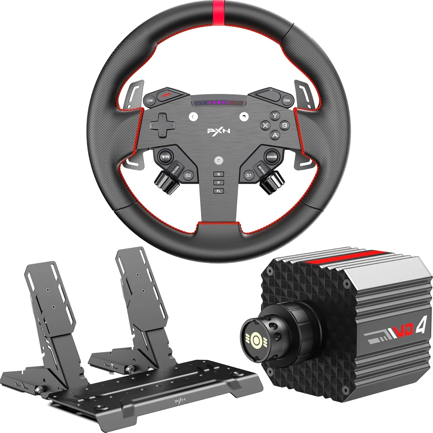 بسته PXN VD4 - مجموعه فرمان مسابقه Direct Drive - پایه موتور سروو 4Nm VD4 + فرمان بازی W AS (28 سانتی متر) + پدال PD HM GEN2 2 - مجموعه مسابقه شبیه سازی برای کامپیوتر
