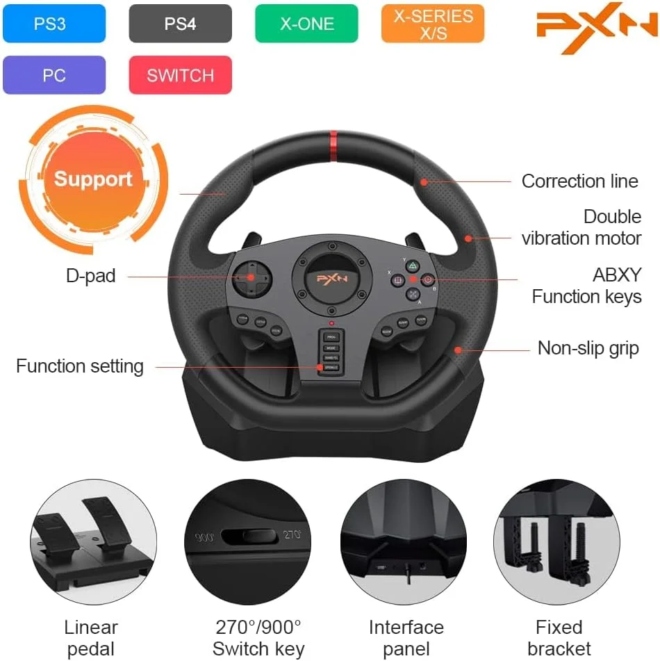 فرمان مسابقه بازی PXN V900 با پدال 270/900 درجه برای PS4/PS3/PC/Nintendo Switch/Xbox One/Xbox series X,S، شبیه ساز رانندگی Need for Speed/Forza Horizon 4,5/European Truck 2 فرمان مسابقه بازی PXN V900 با پدال 270/900 درجه برای PS4/PS3/PC/Nintendo Switch/Xbox One/Xbox series X,S، شبیه ساز رانندگی Need for Speed/Forza Horizon 4,5/European Truck 2