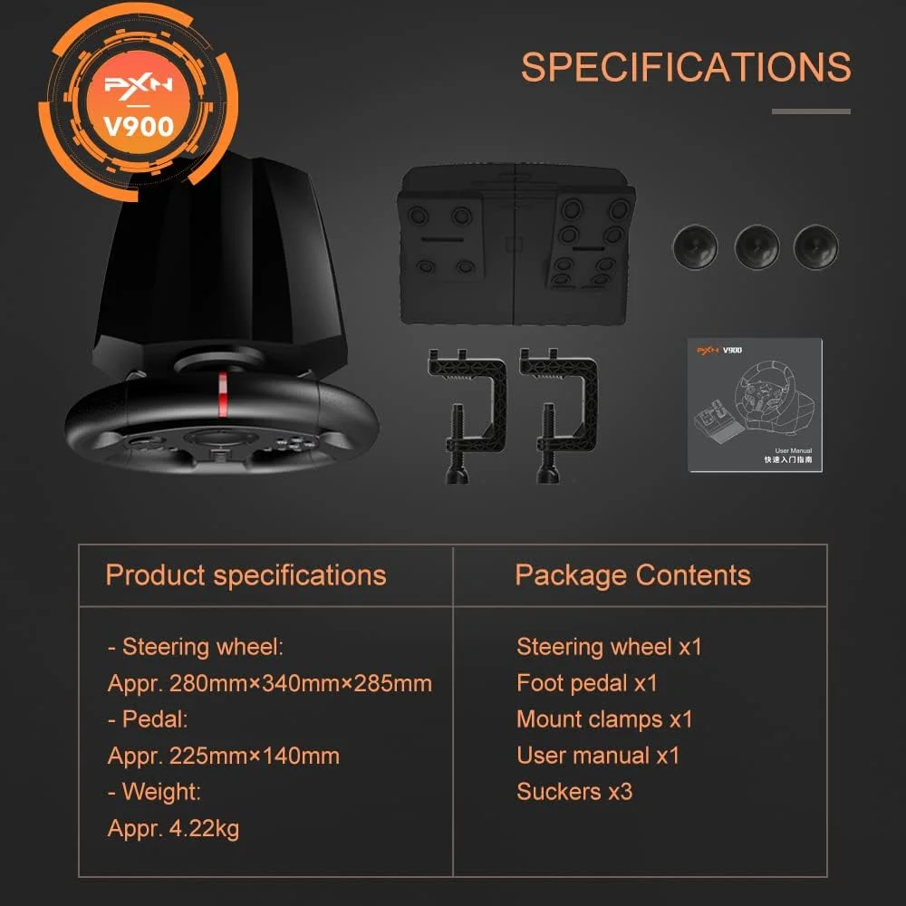 فرمان مسابقه بازی PXN V900 با پدال 270/900 درجه برای PS4/PS3/PC/Nintendo Switch/Xbox One/Xbox series X,S، شبیه ساز رانندگی Need for Speed/Forza Horizon 4,5/European Truck 2 فرمان مسابقه بازی PXN V900 با پدال 270/900 درجه برای PS4/PS3/PC/Nintendo Switch/Xbox One/Xbox series X,S، شبیه ساز رانندگی Need for Speed/Forza Horizon 4,5/European Truck 2