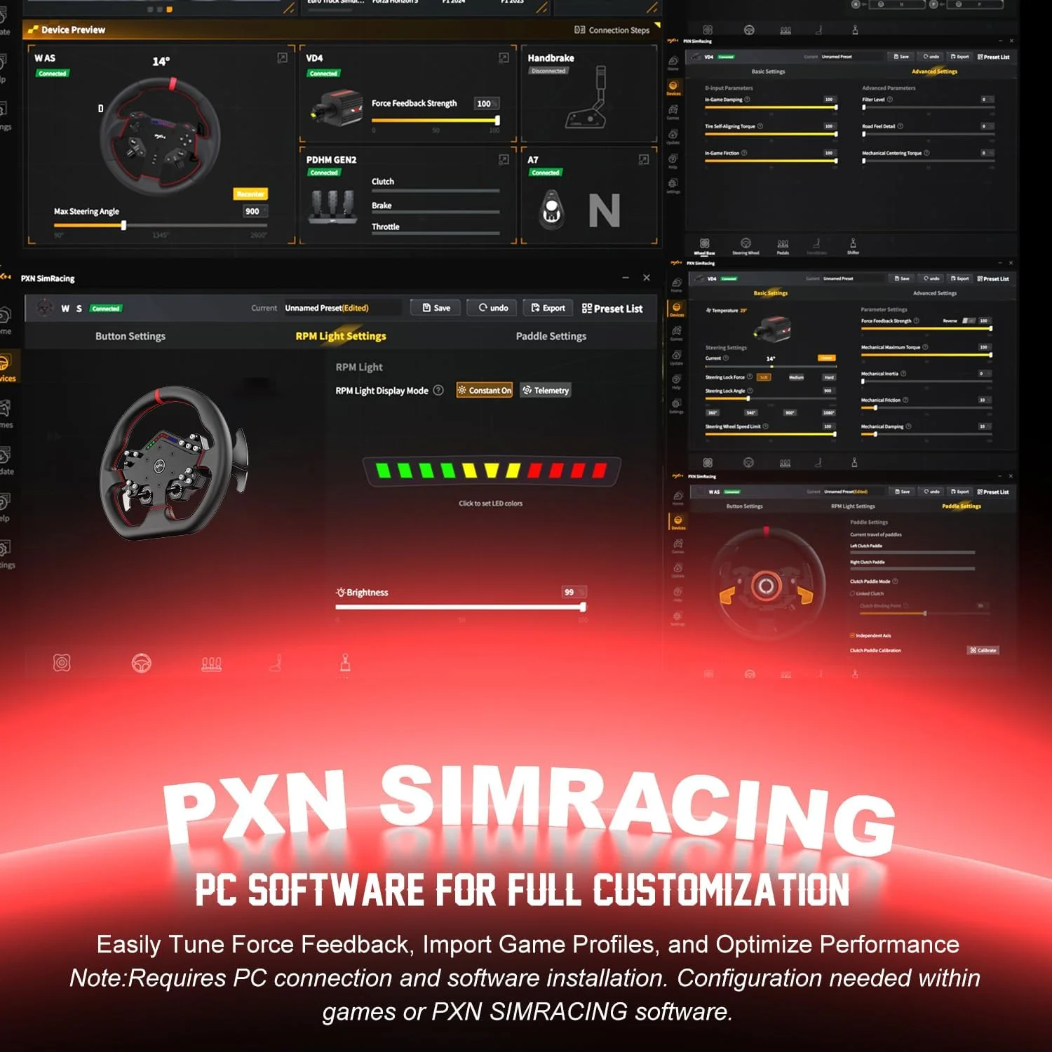 فرمان مسابقه گیمینگ PXN W DS R2 – رهاسازی سریع، 4 پدال شیفتر، چراغ‌های دور موتور RGB پویا، روکش چرمی میکروفایبر، فرمان 11.4 اینچی PC، سازگار با پایه‌های دایرکت درایو VD4 / VD6 / VD10