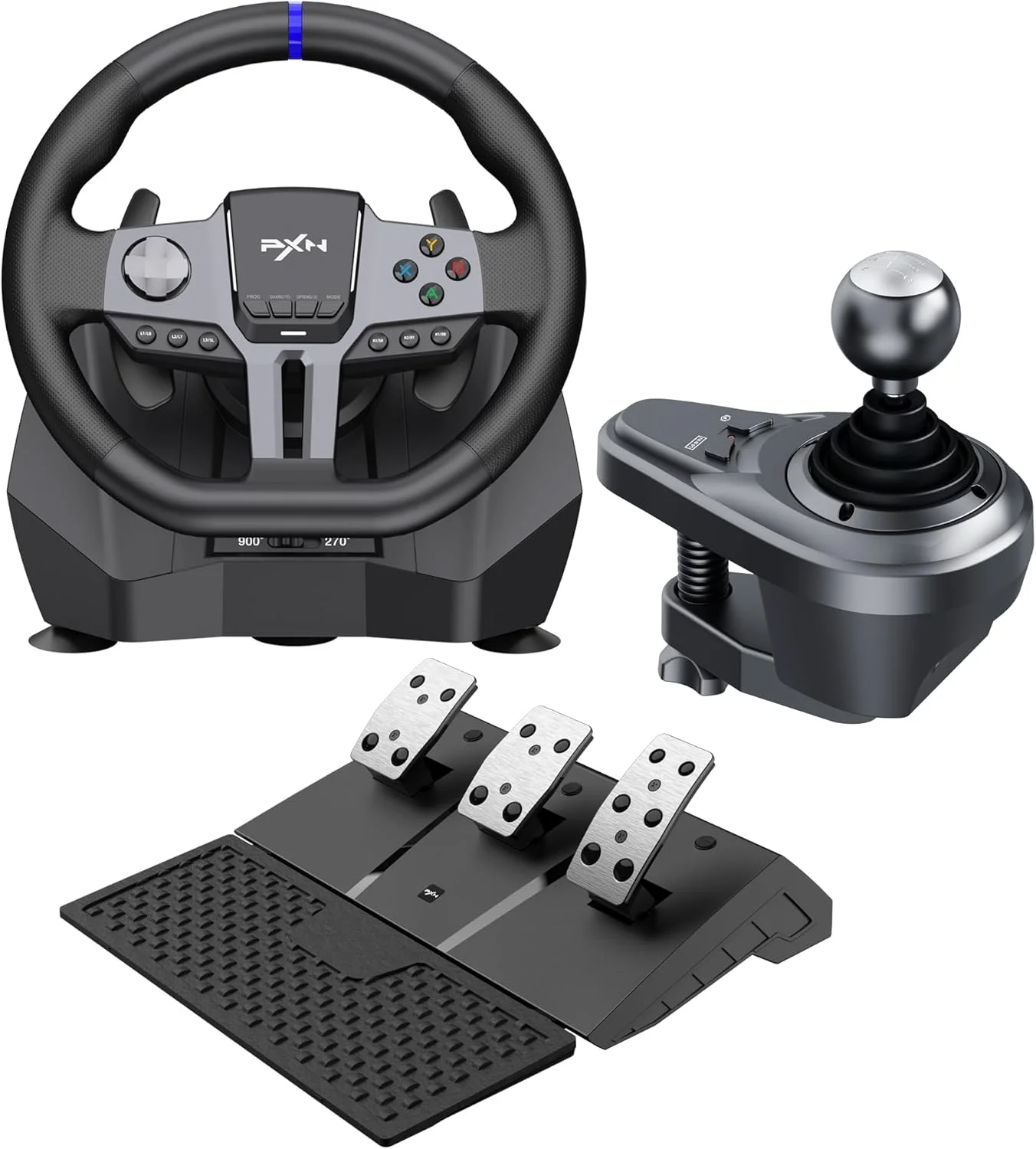فرمان مسابقه PXN، چرخ مسابقه V9 Gen2 PC با پدال و شیفتر، چرخش 270/900 درجه، فرمان رمزگذار مغناطیسی برای PC، PS4، Xbox One، Xbox Series X|S