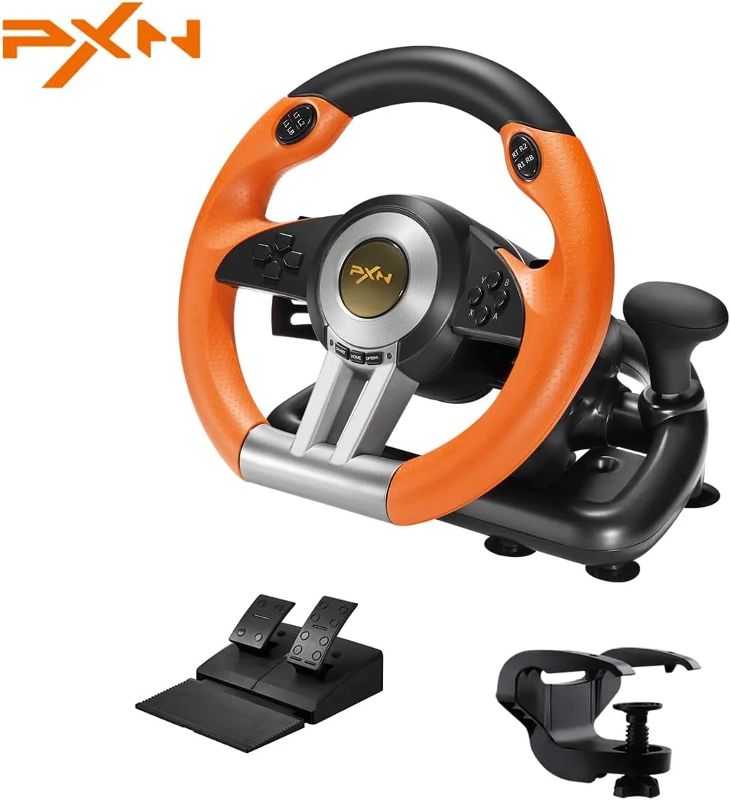 فرمان بازی PXN V3III PS4، فرمان مسابقه ای 180 درجه PC با ویبره دو موتوره، فرمان مسابقه ای PS4 با پدال خطی/ترمز شتاب، برای PC/PS4/Xbox One/Xbox Series X|S/Switch (نارنجی)